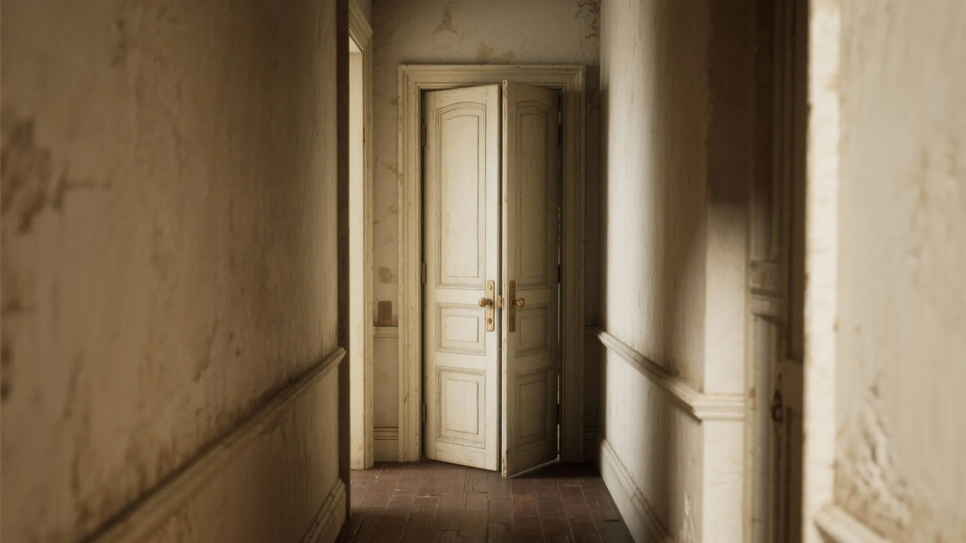Rustic hallway with white folding doors slightly open showing a wooden floor and textured walls