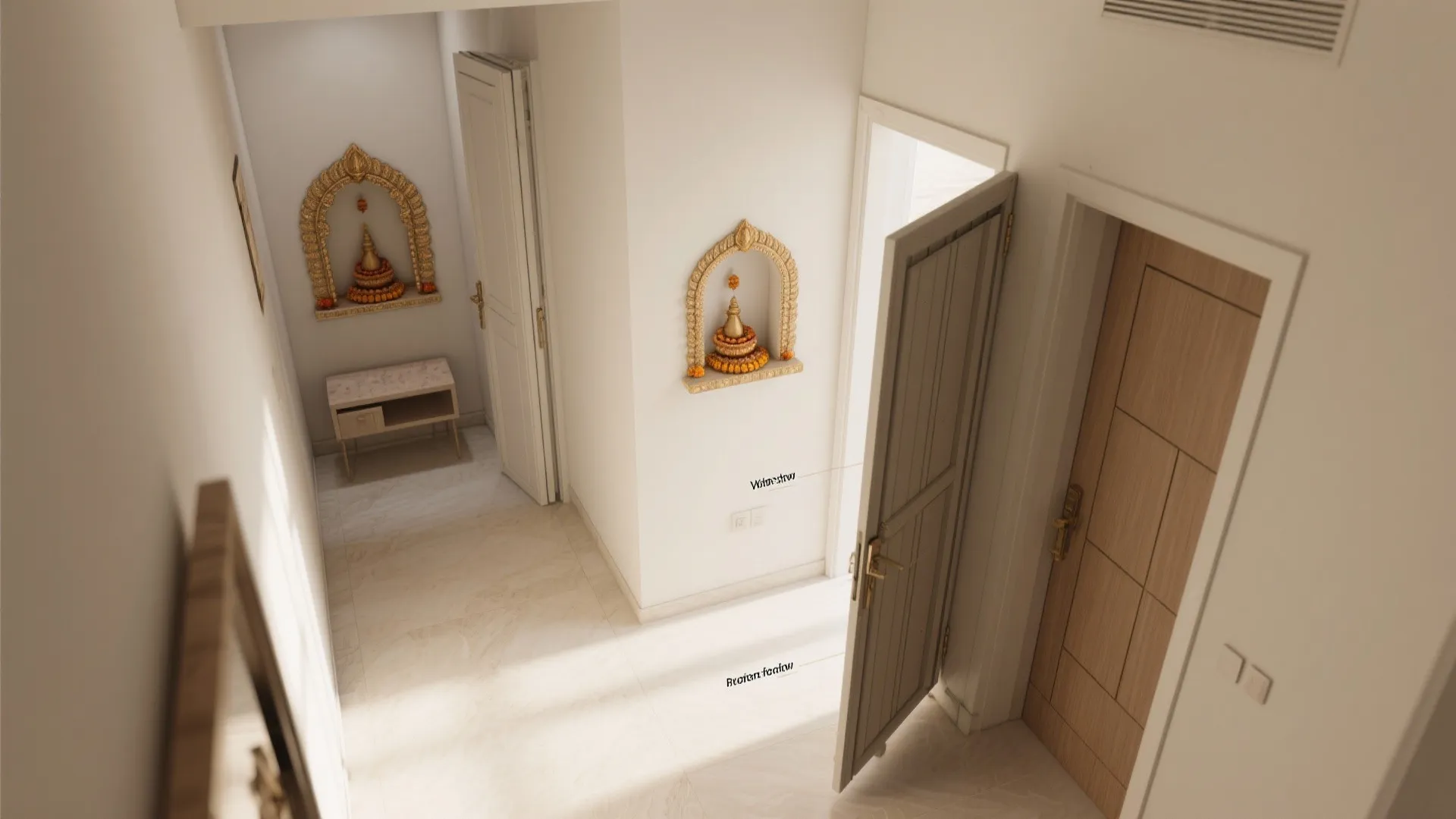 Top-down view comparing bi-fold and pocket door layouts for a compact pooja niche.