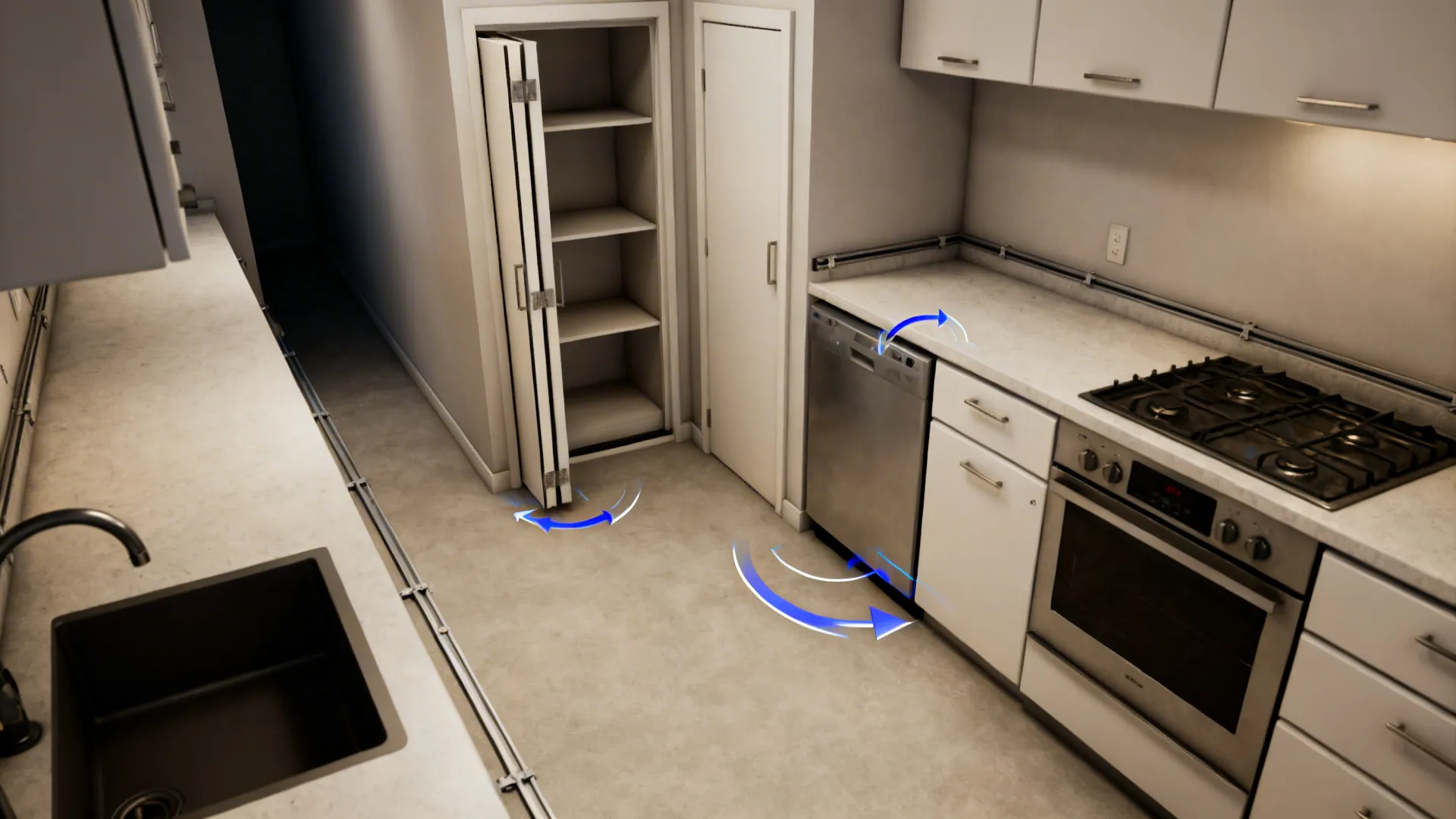 Top-down view of a galley kitchen plan showing pocket and bifold door mechanisms to save clearance.