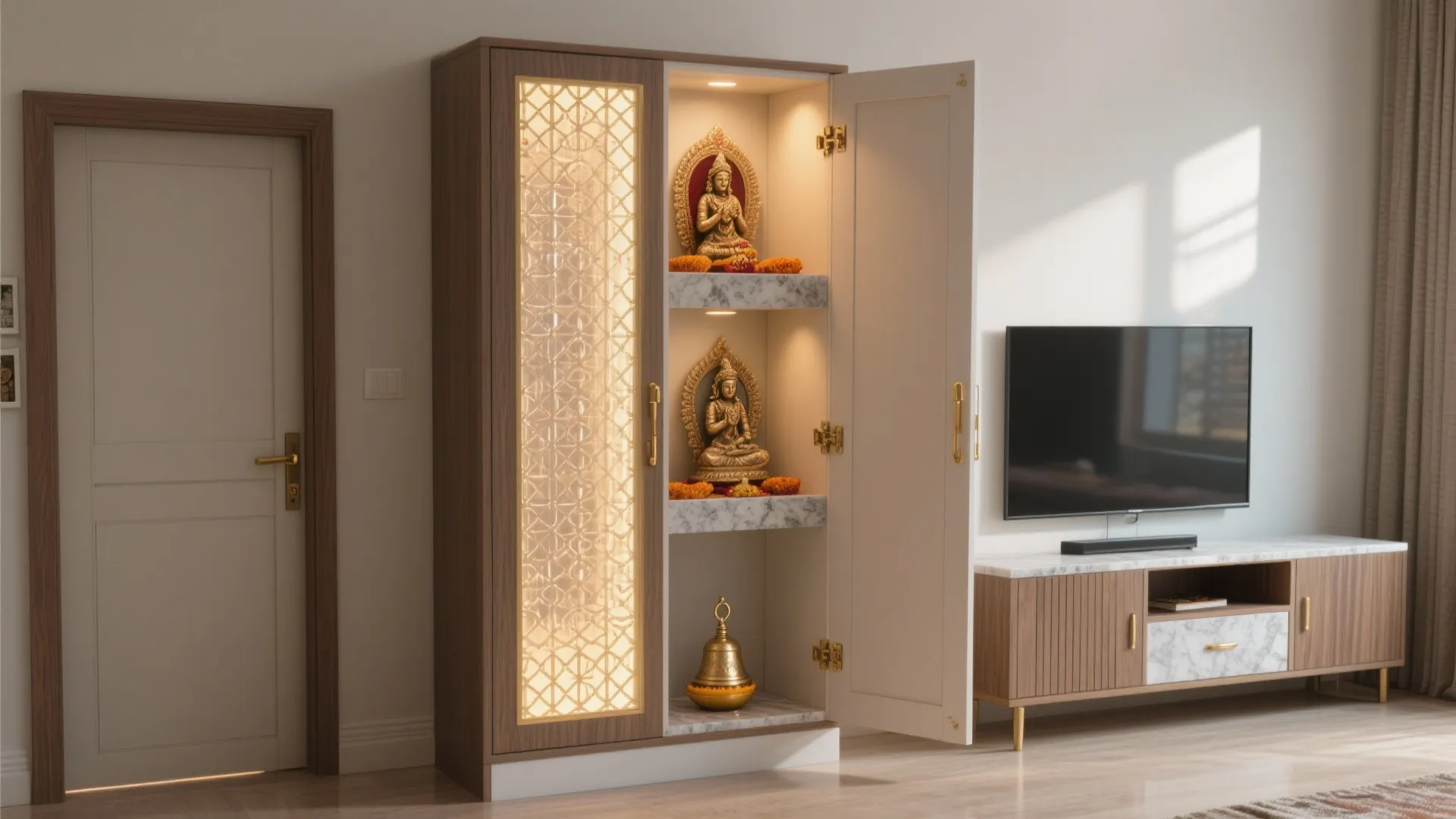 Pocket-door pooja cabinet
