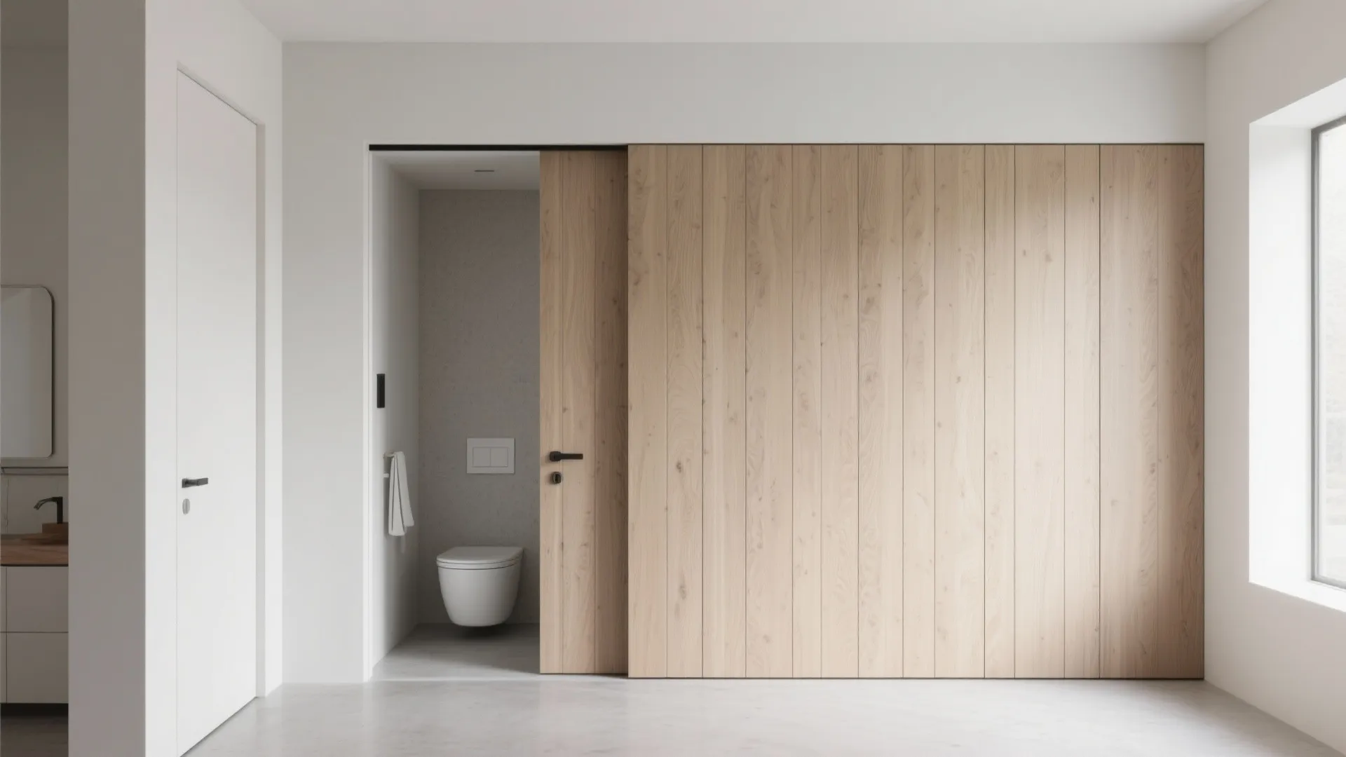 Sliding wood door opening to a small bathroom with a white toilet and minimalist sink
