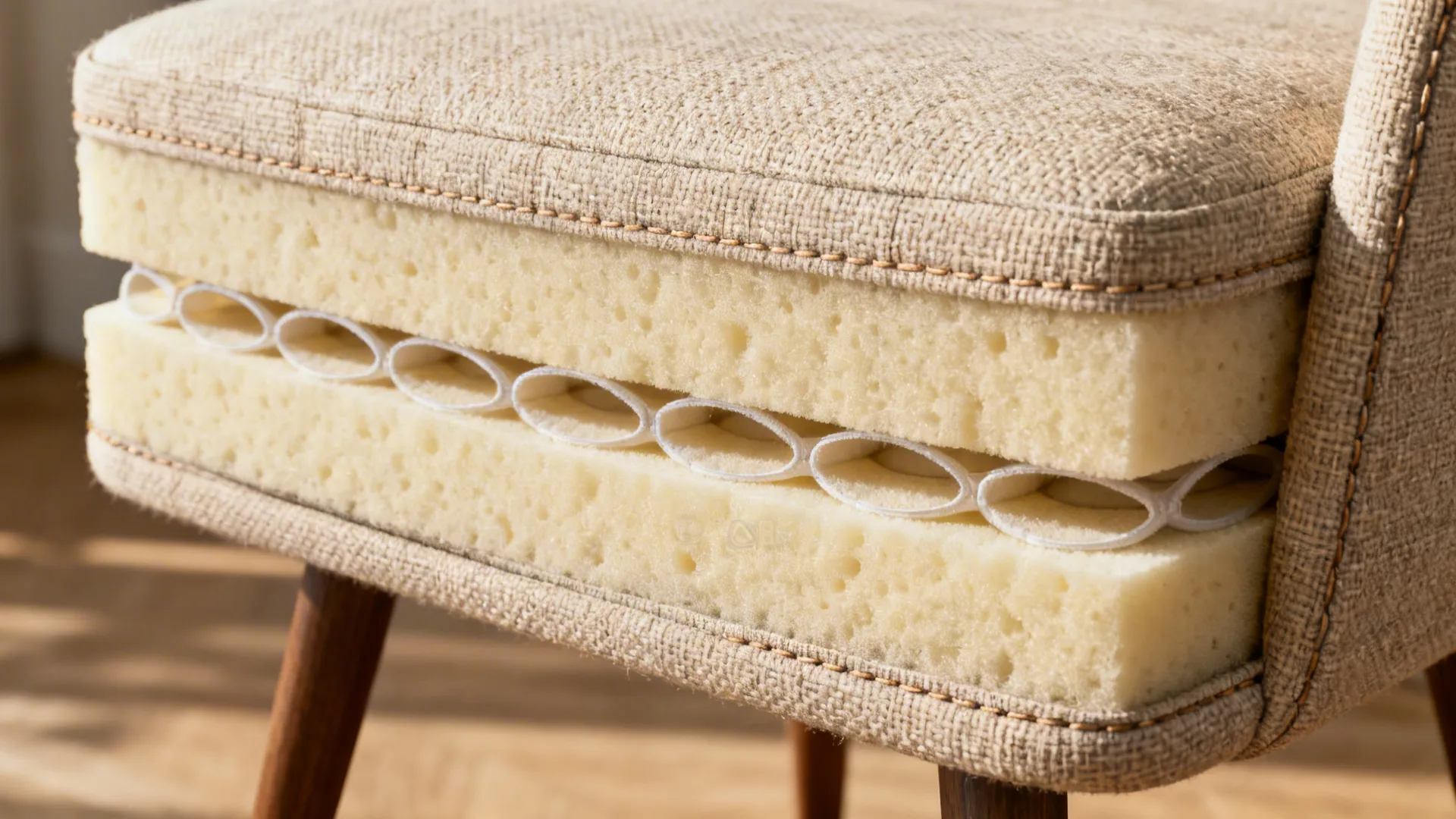 Cross-section detail of a wide slab chair showing pocket coils and dense foam under textured upholstery.