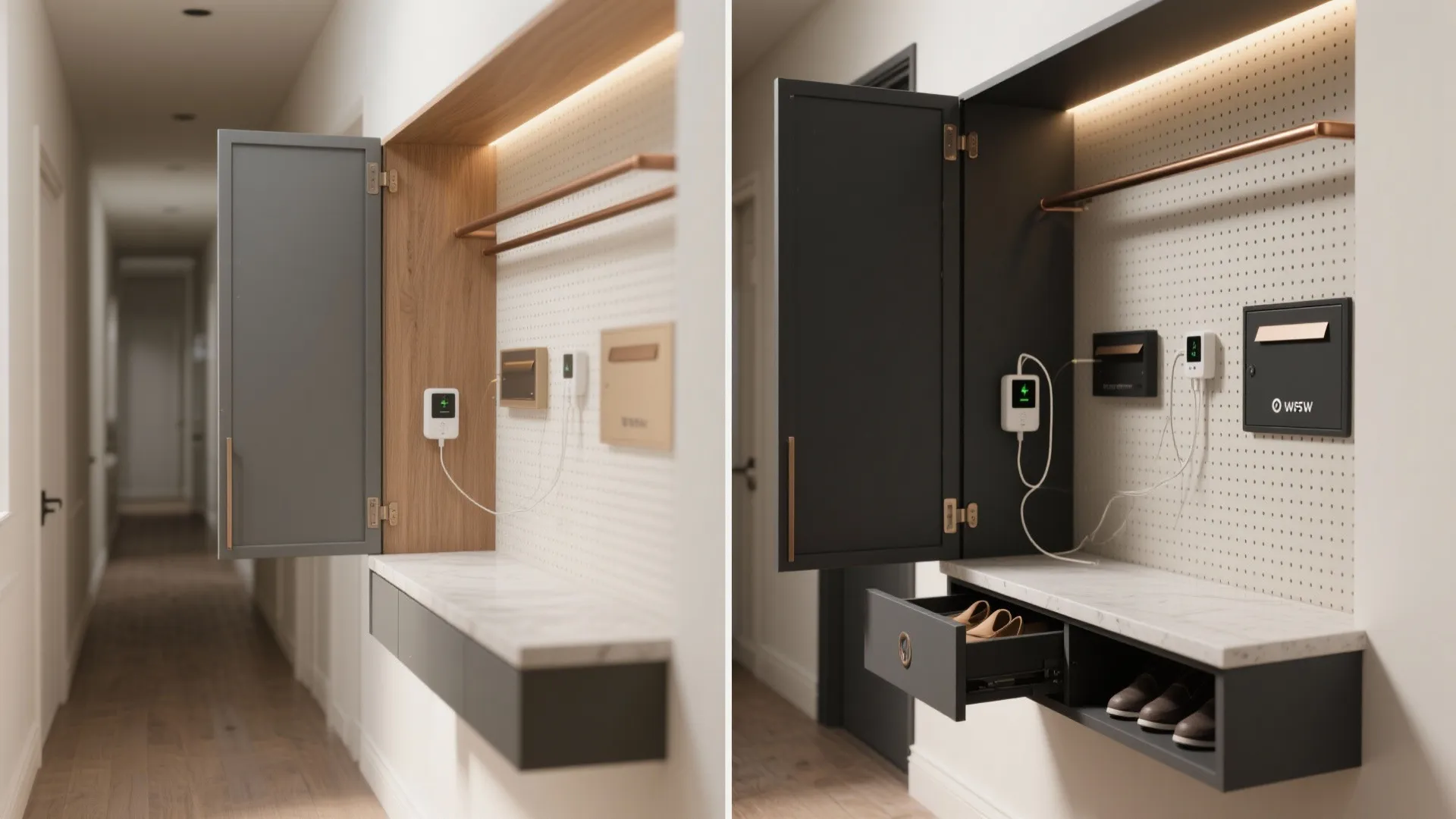 5) Pocket-door console that hides everything