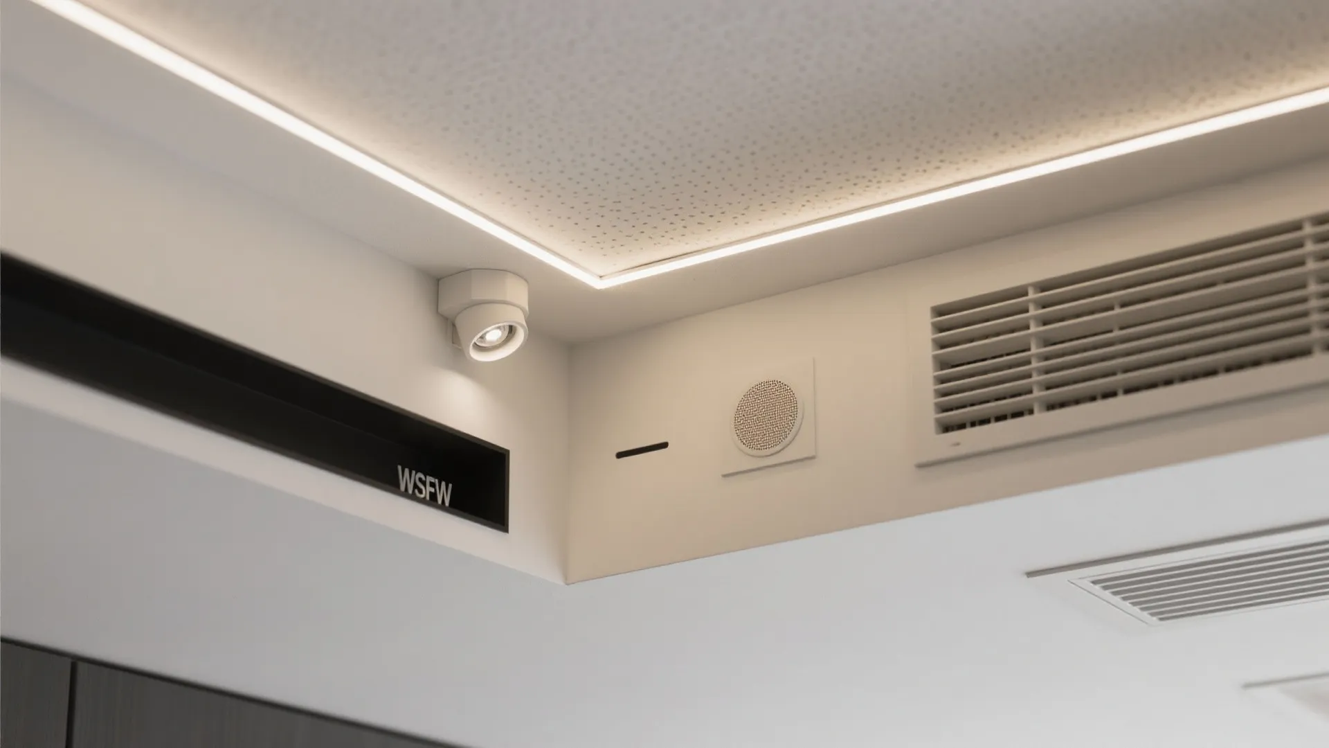 Gypsum false ceiling with recessed pockets (vents, speakers, and light)