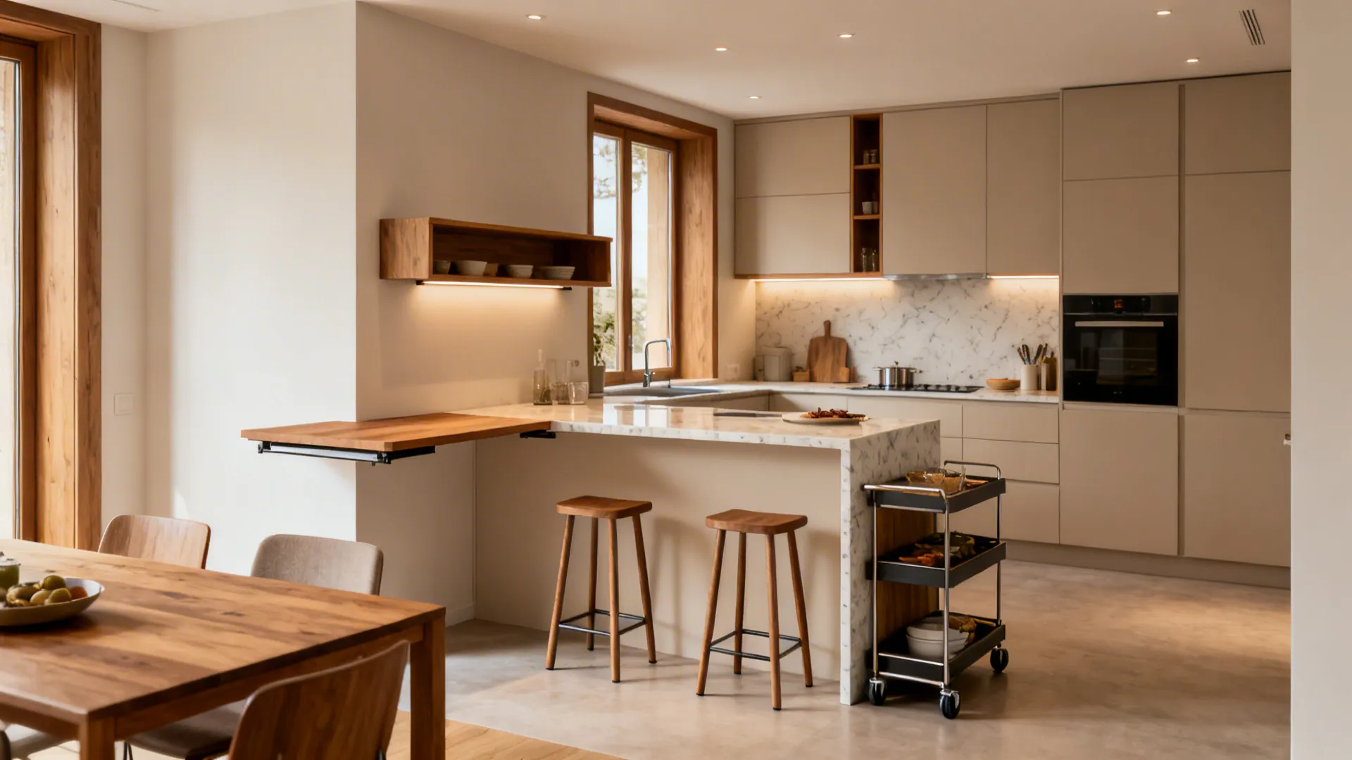 Small open kitchen with a slim island, drop-leaf ledge, and a rolling cart for flexible dining.