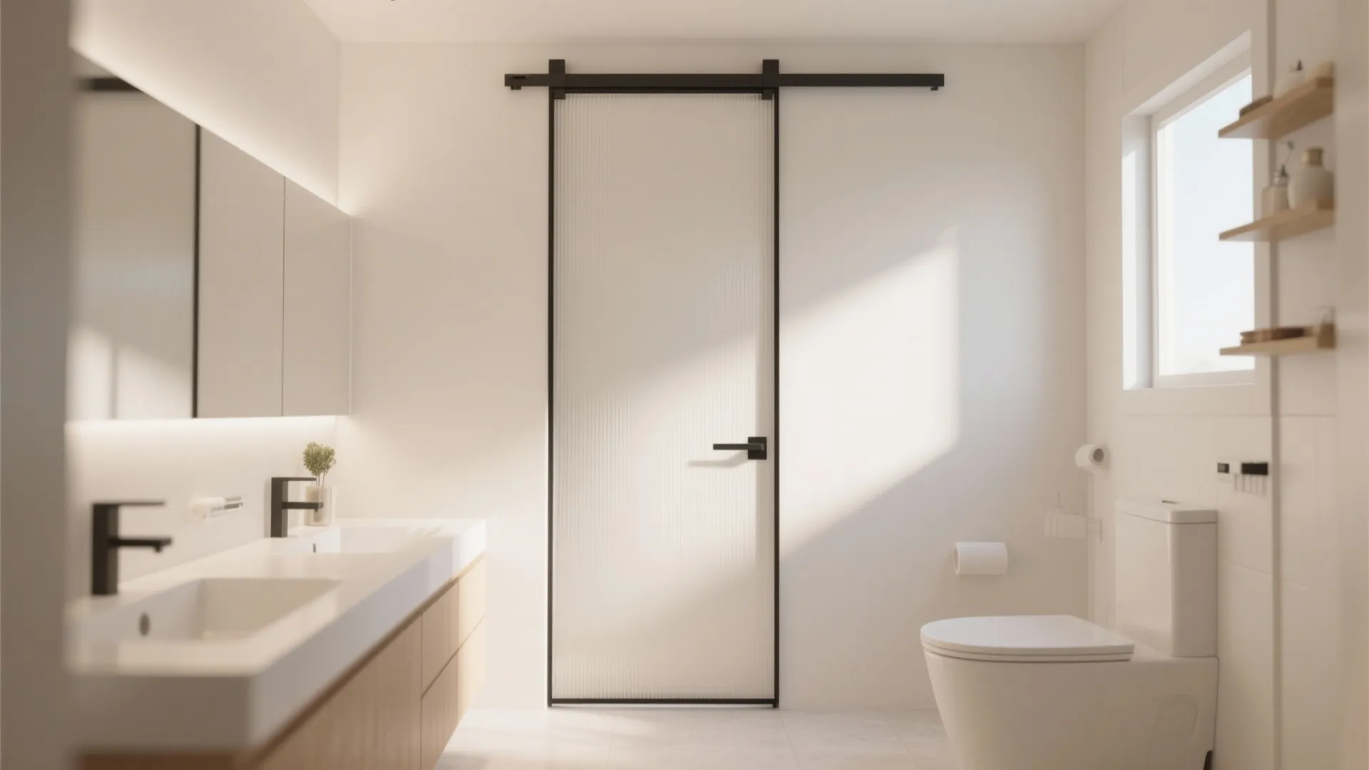 Bright bathroom with a sliding glass door black frame white toilet and double sink cabinet