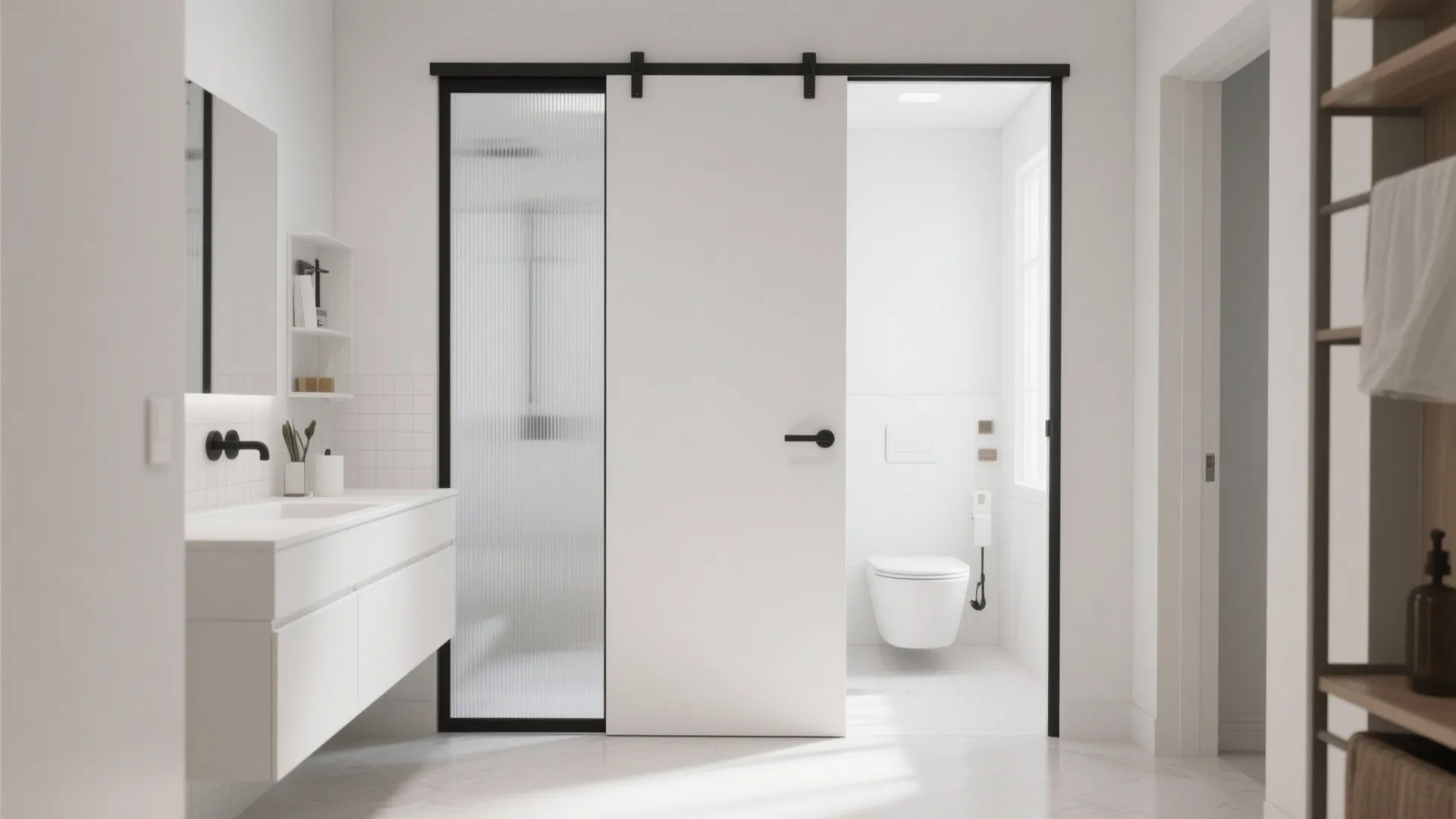 Modern pocket door leading to small bathroom