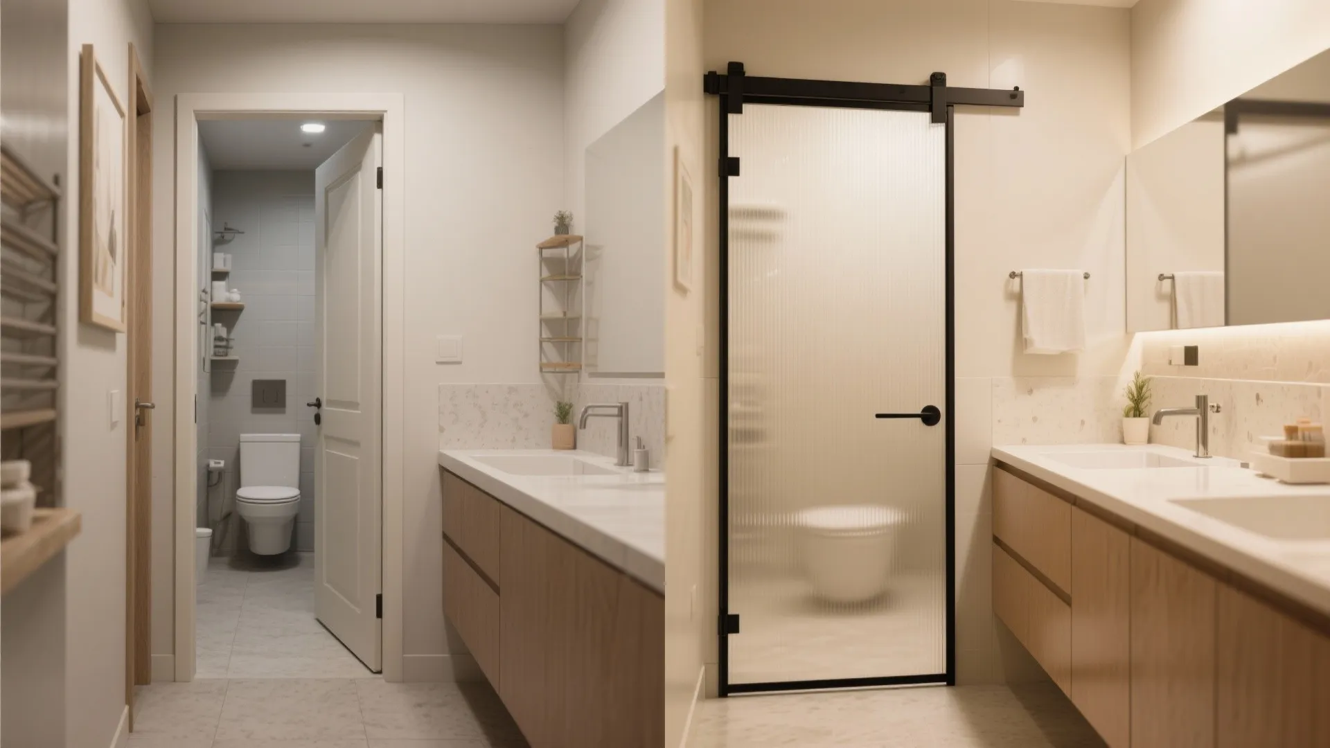 Modern bathroom featuring wood cabinet and black sliding glass door leading to a toilet area