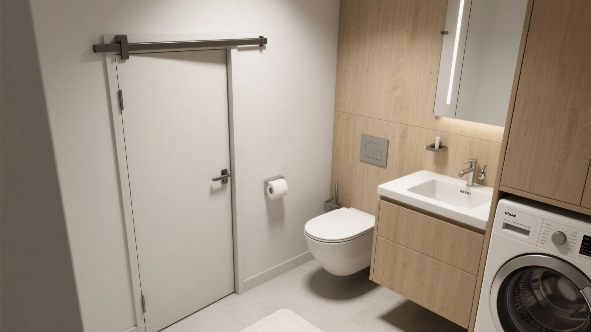 Small bathroom with white sliding barn door plus wood wall panel and white toilet and sink