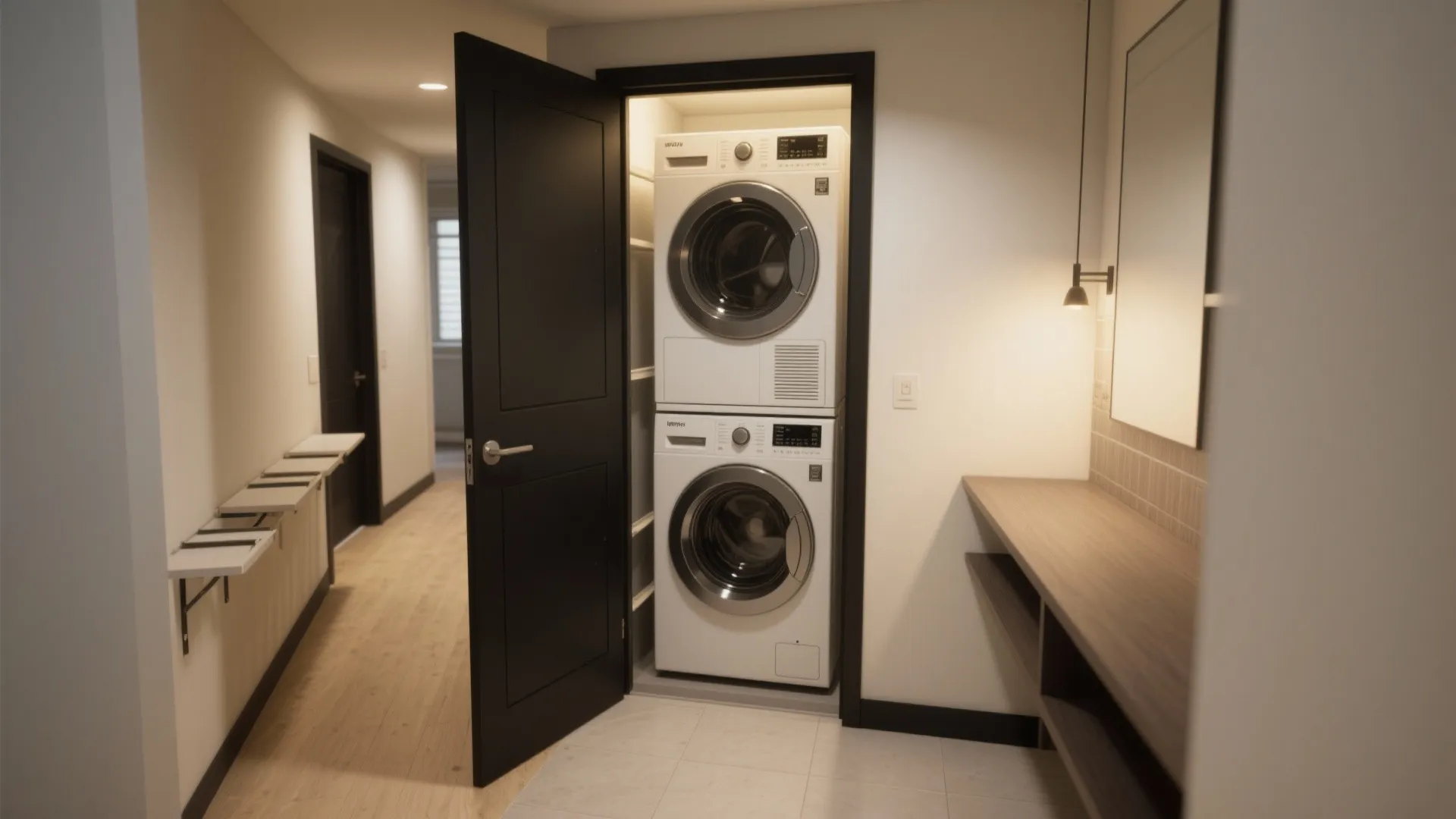 Stacked white washing machines in a small closet behind an open black door and hallway