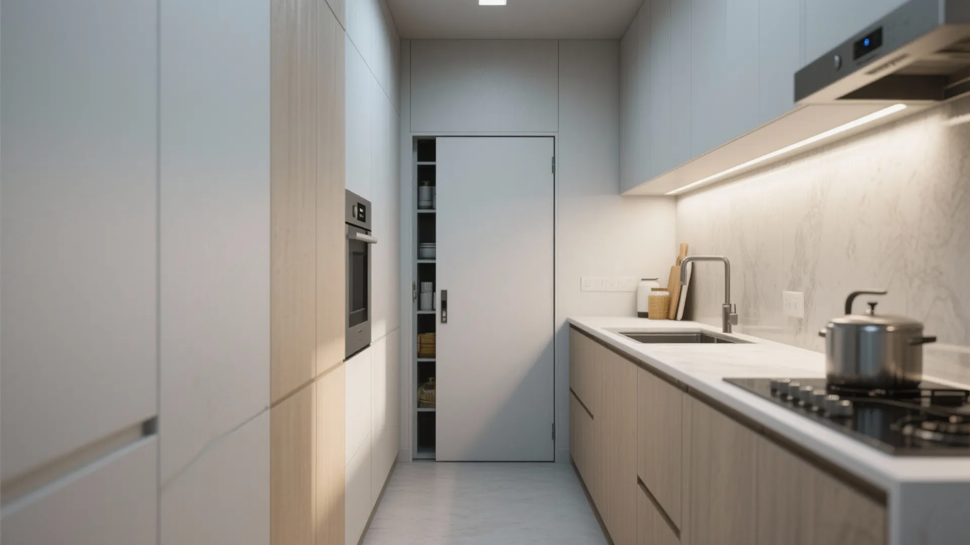 Modern white kitchen with wooden cabinets and a sliding door leading to a small pantry