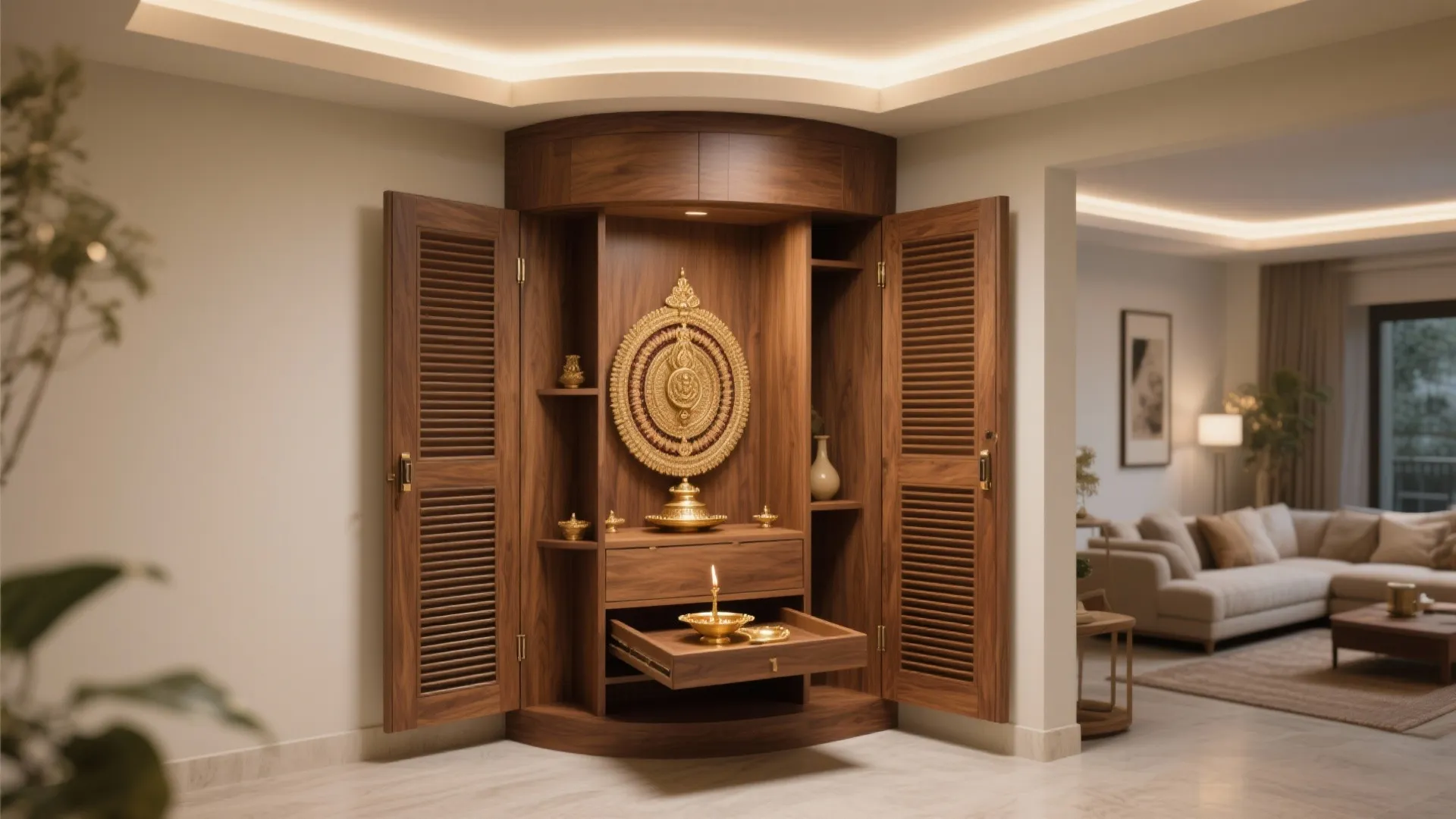 Pocket-door Corner Mandir for Multi-use Living Rooms