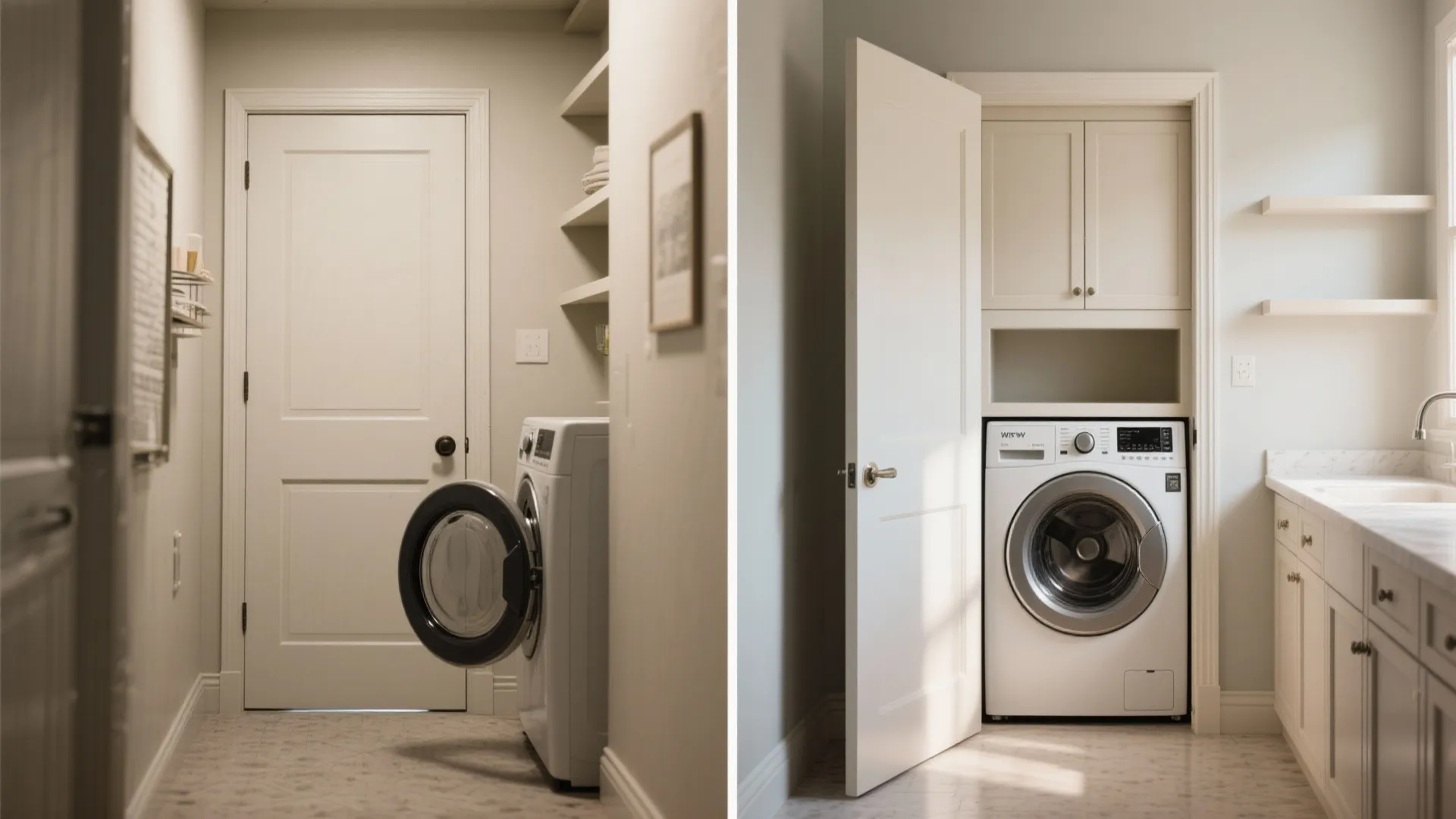 Before and after comparison showing a washing machine moved inside a cabinet with sliding door