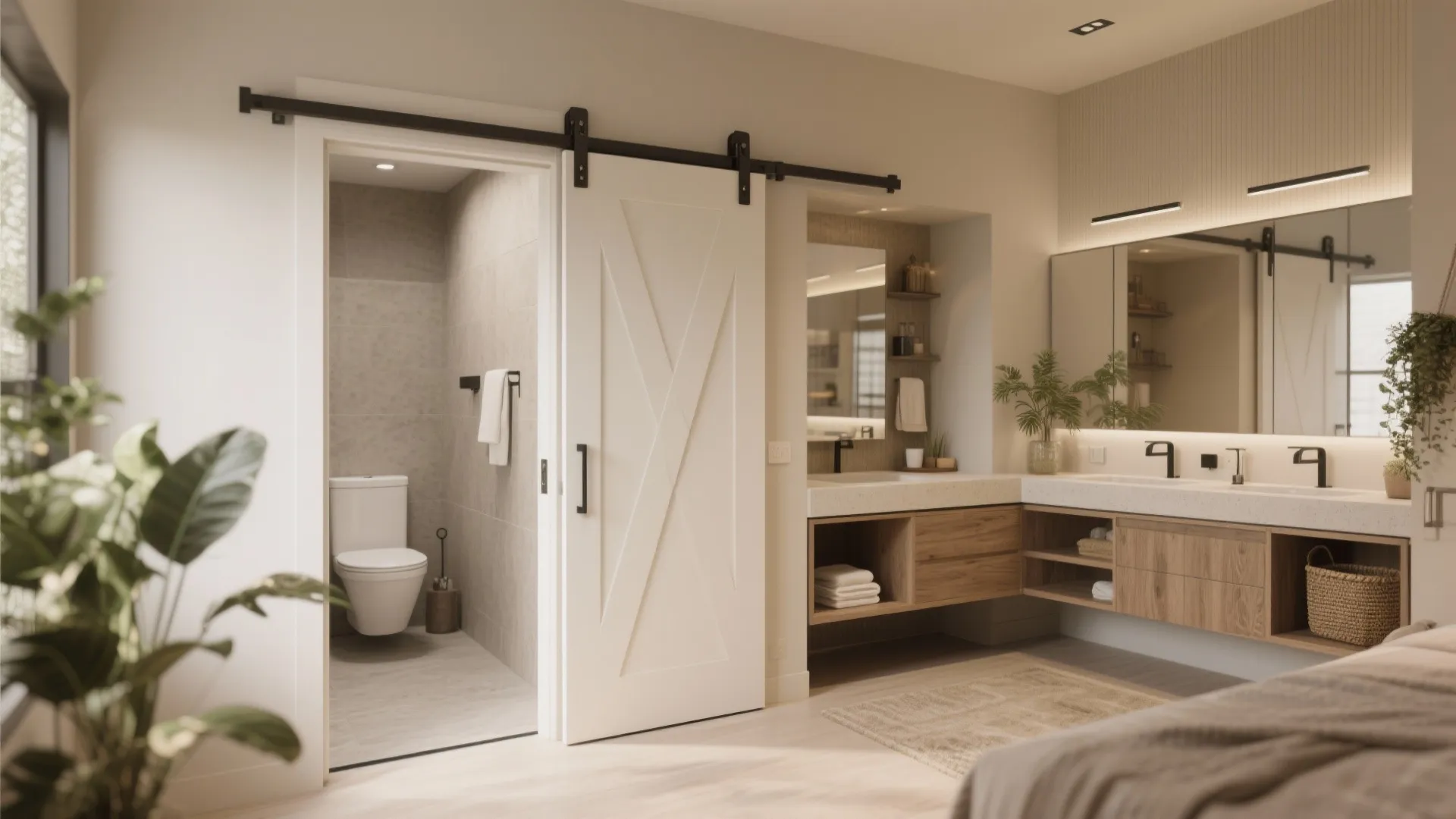 Modern bathroom with white barn door, wooden cabinet, double sinks, large mirror, and neutral tiles