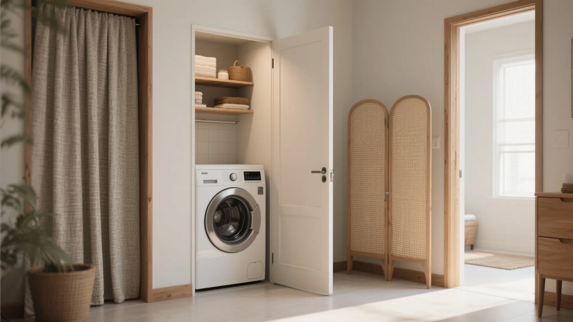 White washing machine inside a small laundry closet with wooden shelves and a room divider