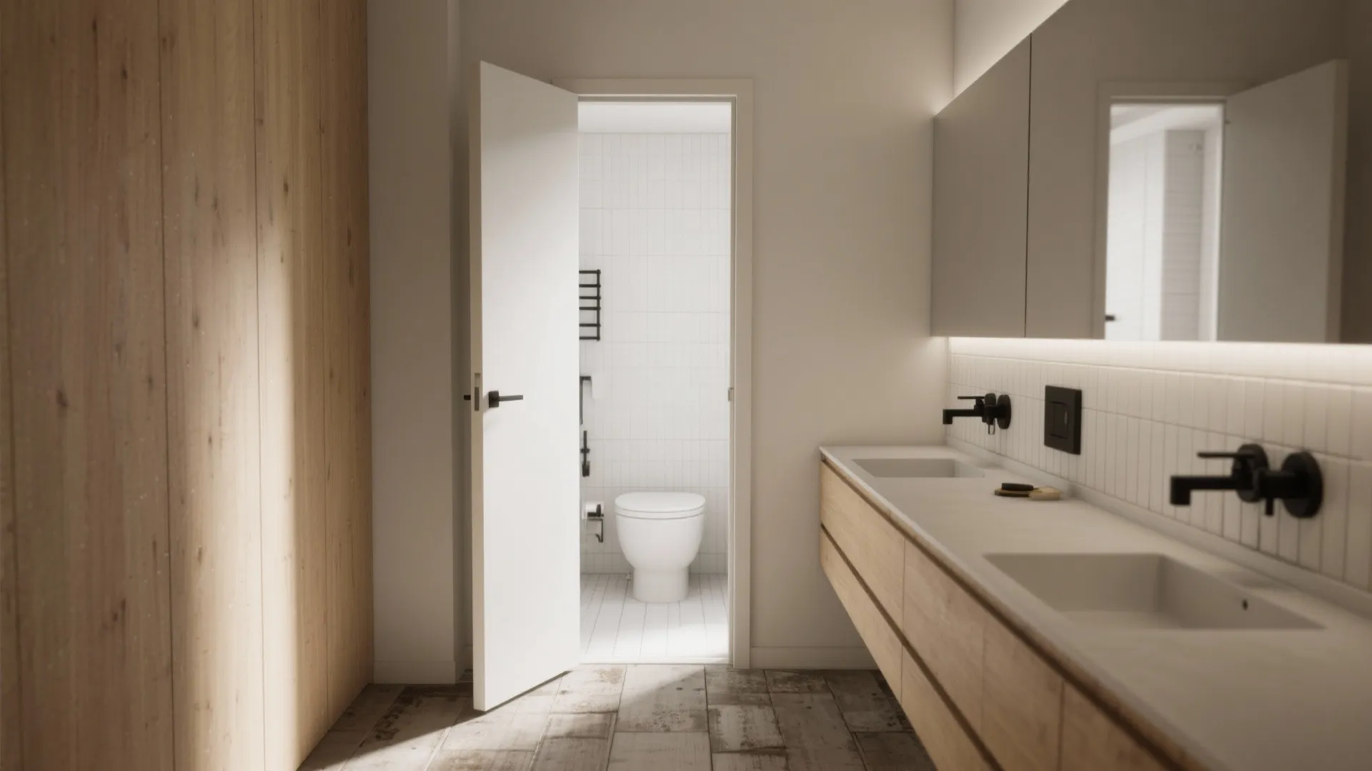 White bathroom with an open door showing a toilet area wooden cabinets and black faucets