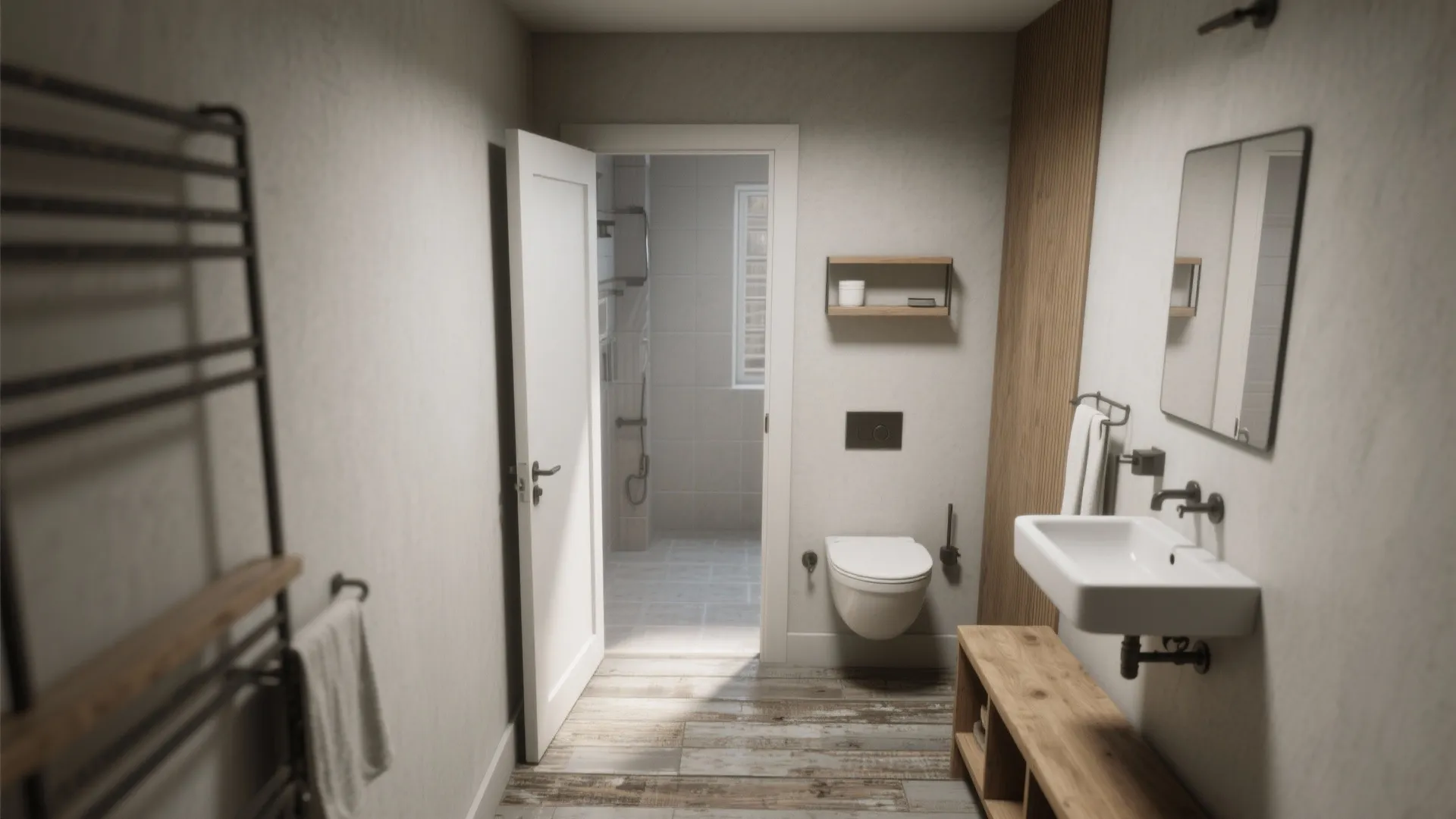 3. Pocket Door + Wall-Mounted Fixtures