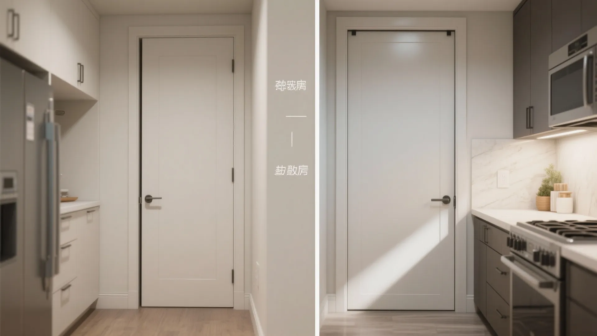 Side-by-side comparison of two white interior doors in a bright modern kitchen and hallway setting
