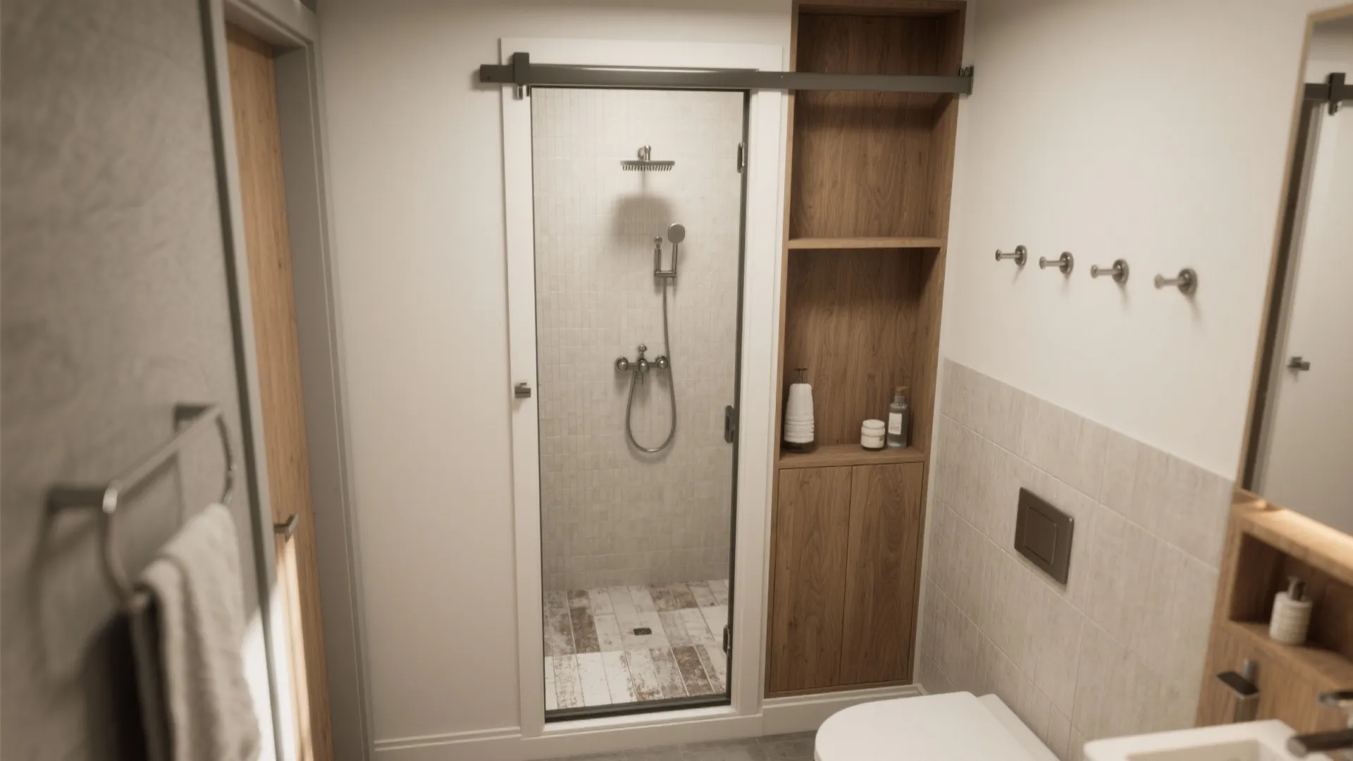 Modern bathroom interior showing a glass sliding door wood wall cabinet and a white toilet