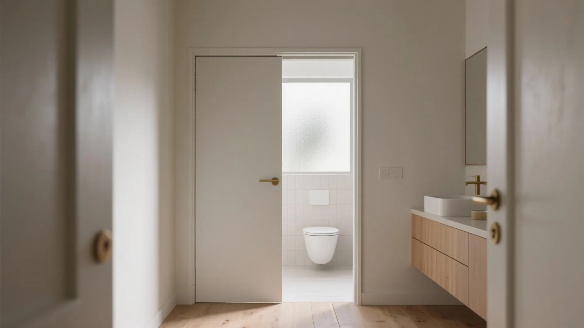 Modern bathroom with a sliding door open to show a white toilet and wooden cabinet