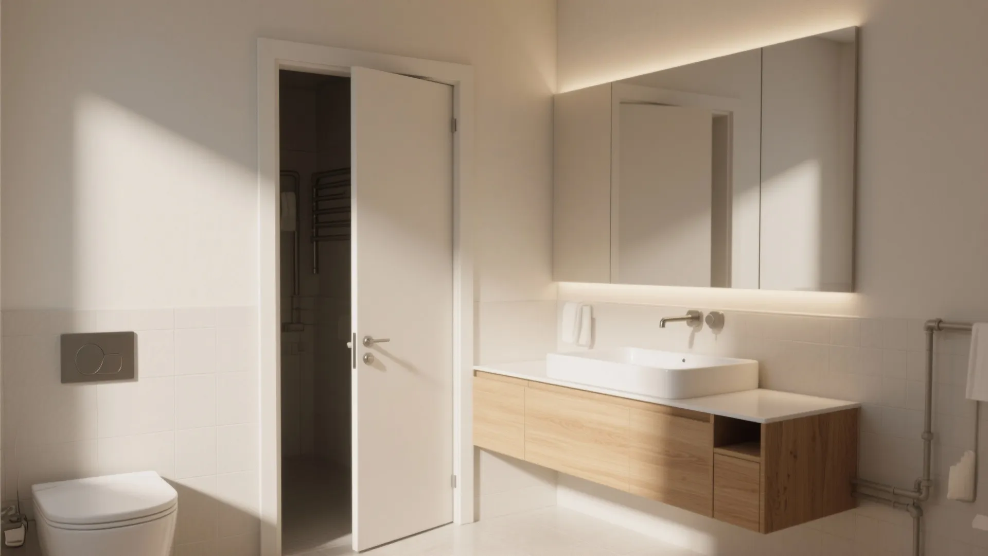 Bright bathroom featuring an open white door wooden cabinet large mirror and wall mounted toilet
