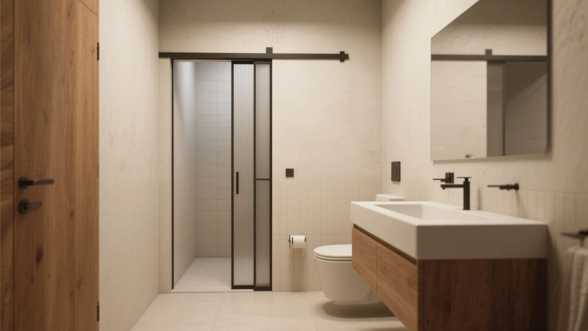 Bathroom interior with sliding glass door toilet white sink wooden cabinet and large mirror on wall