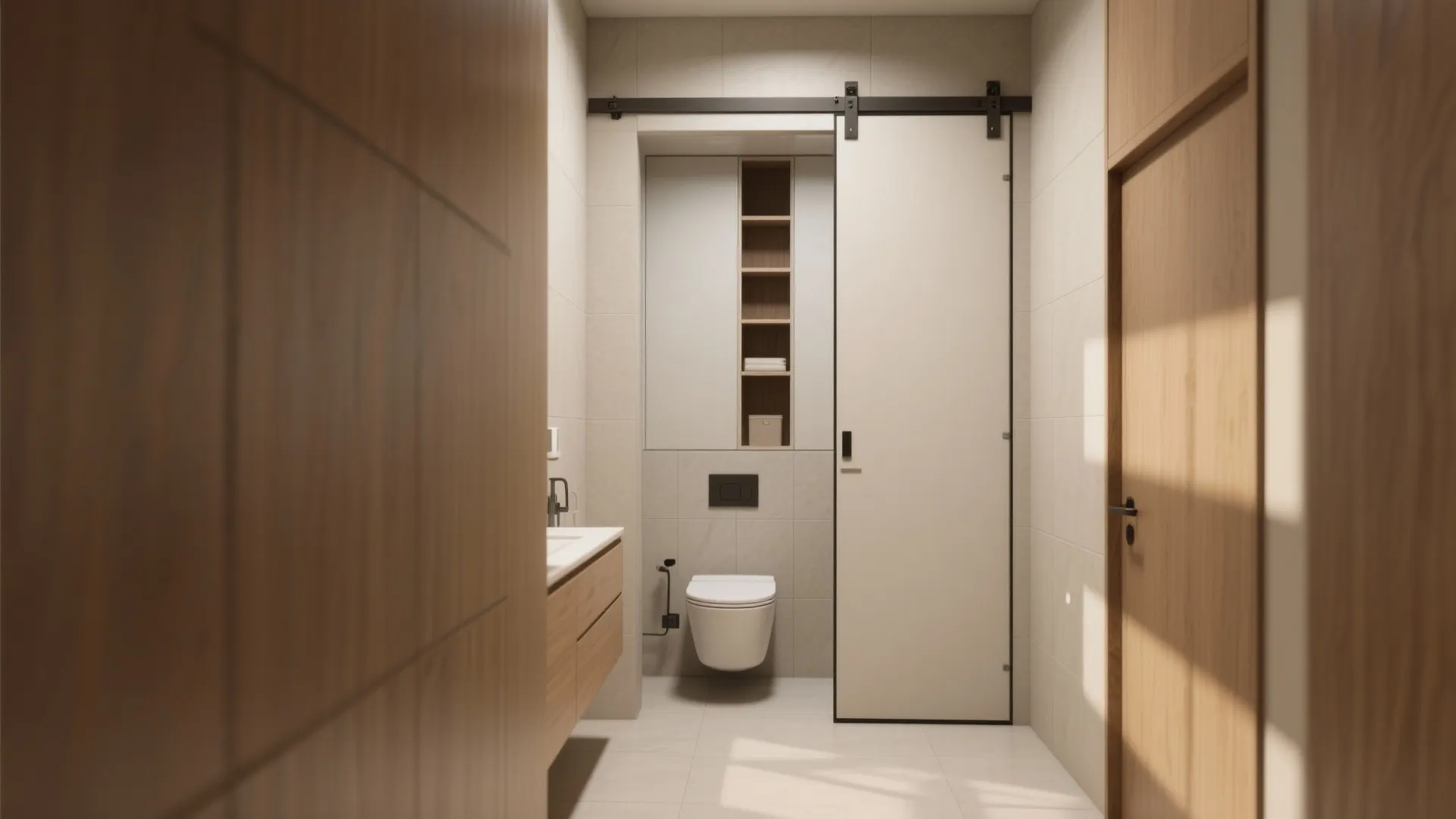 Modern bathroom with white sliding door wood cabinet white toilet and warm light through the window