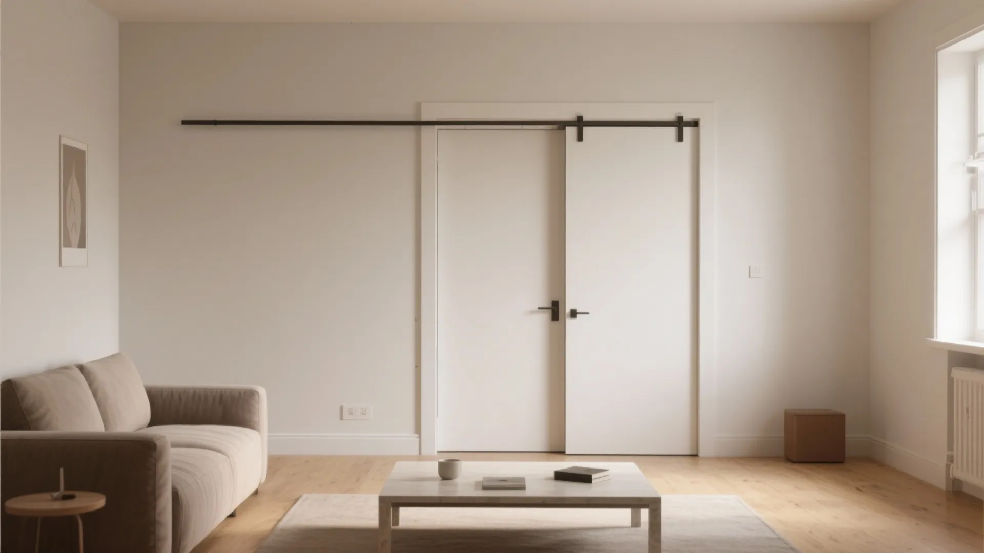 Small living room with a pocket door fully recessed into the wall, saving floor space.