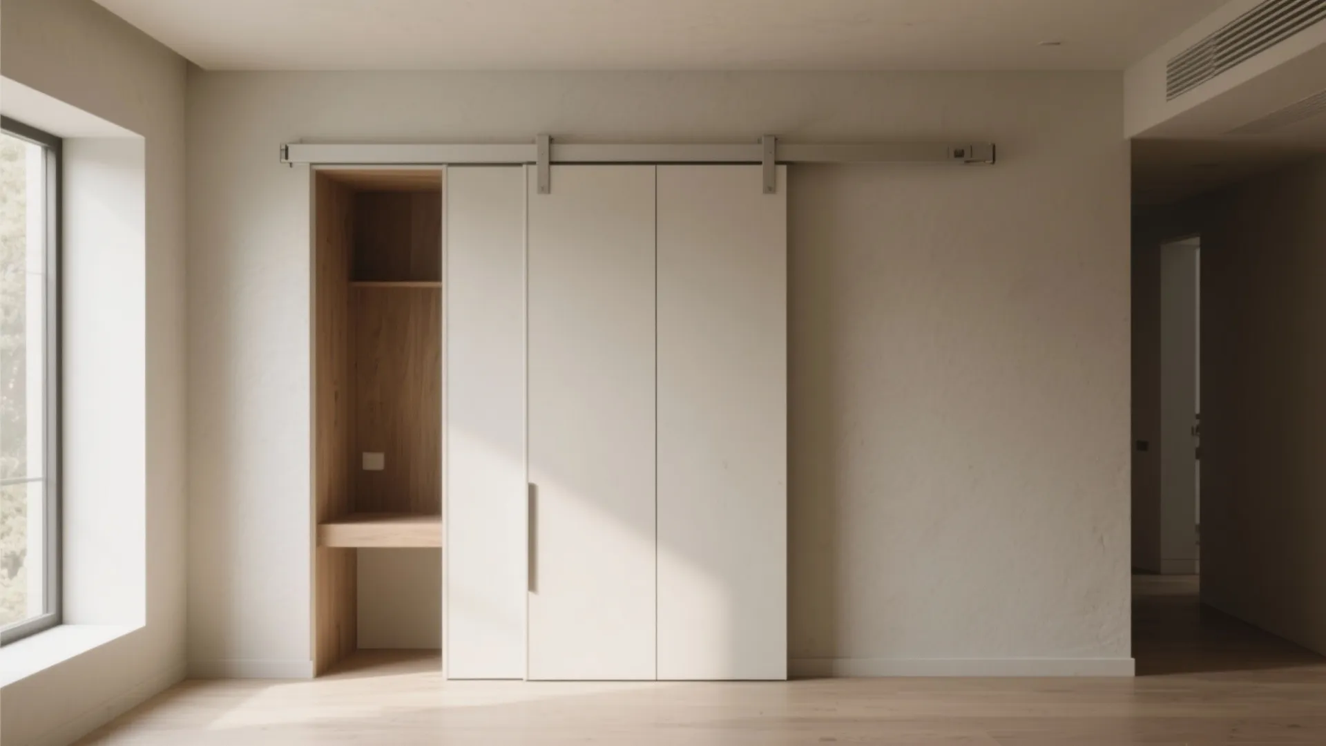 Minimalist room with white sliding doors wooden desk area large window and clean light colored floor