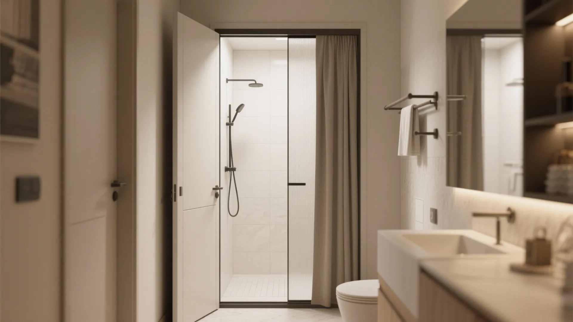 4. Pocket door and rail shower combo