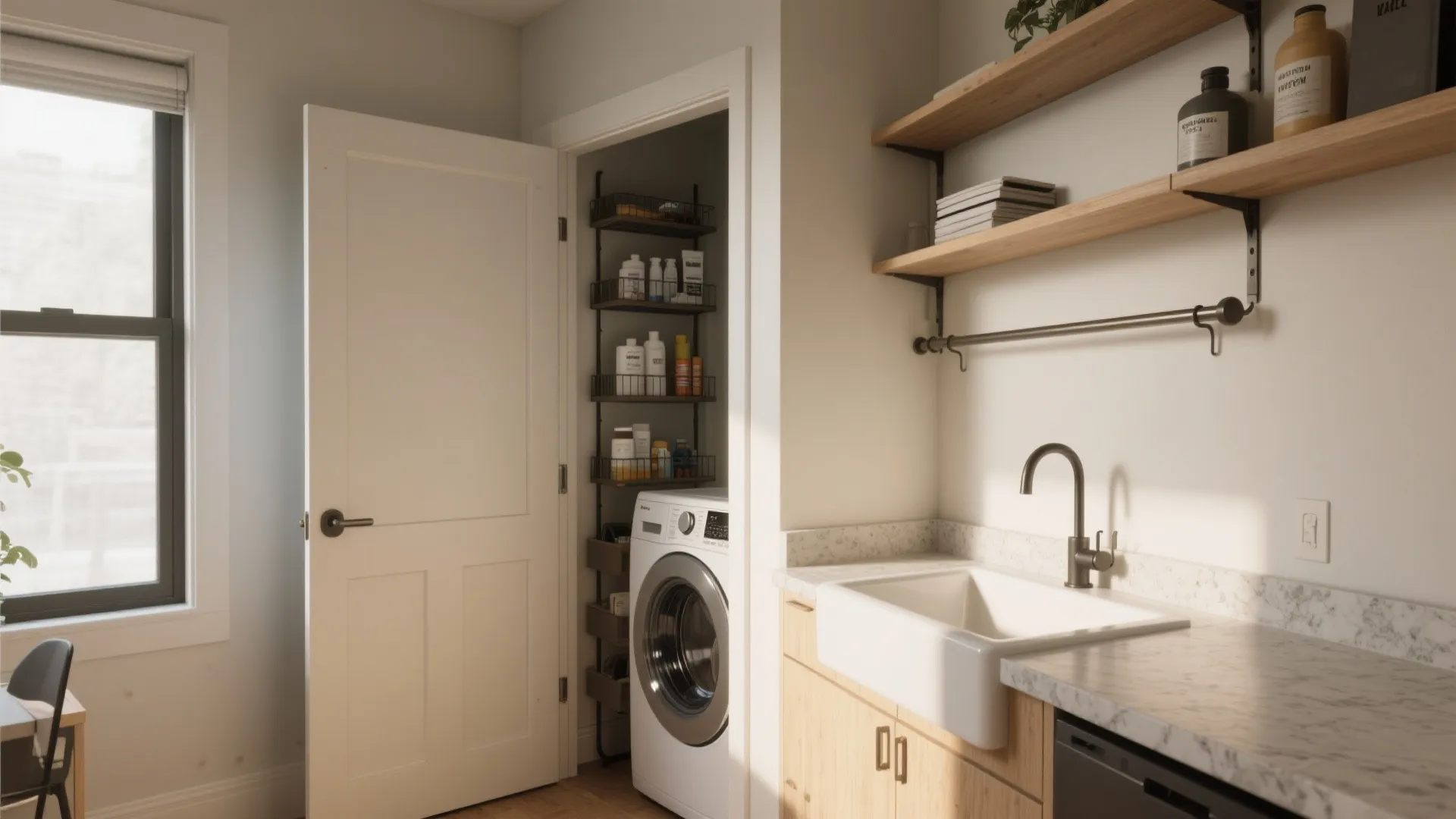 Pocket door, vertical storage and a dedicated sink