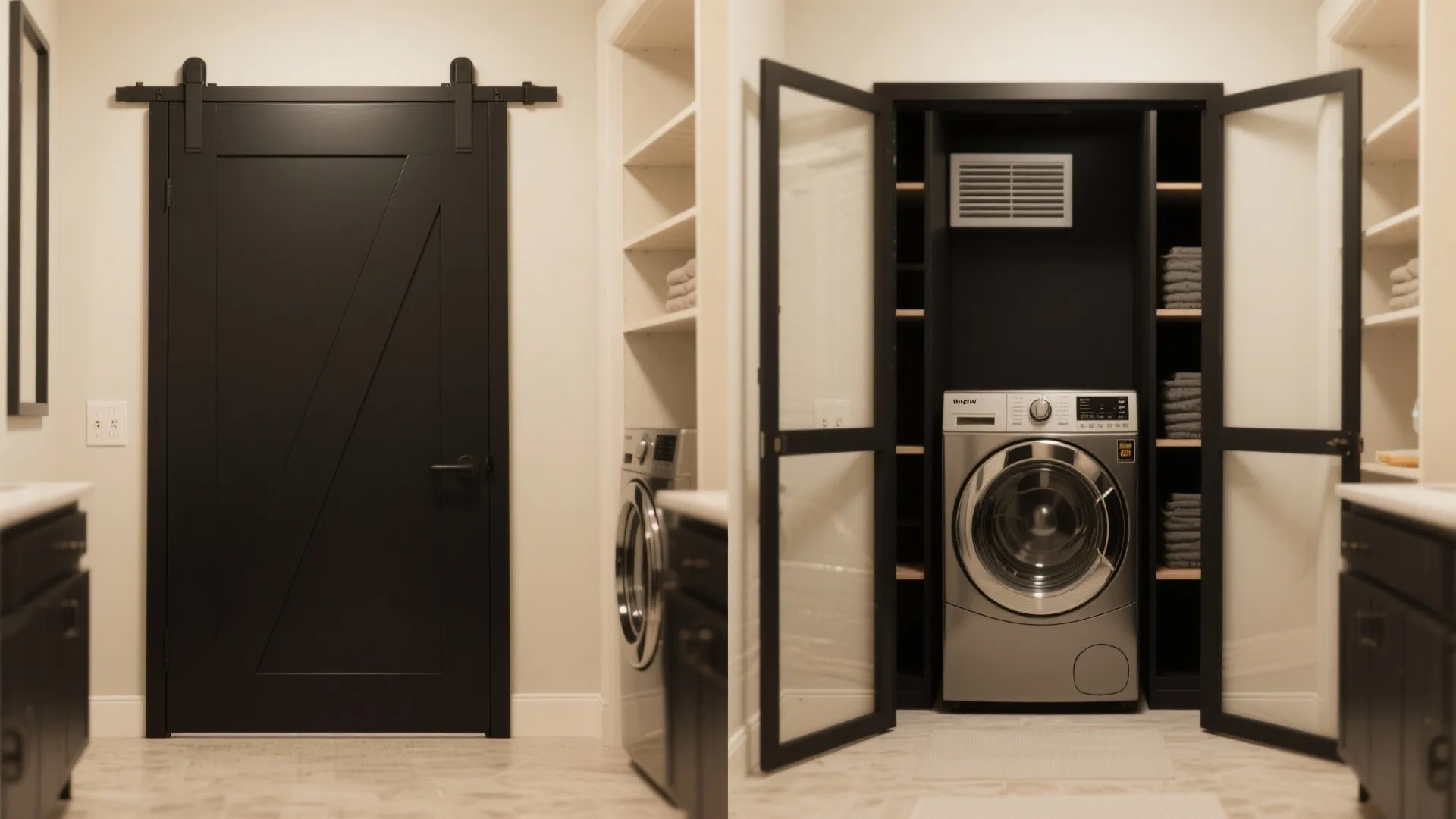 5. Pocket-door laundry closets with black accents