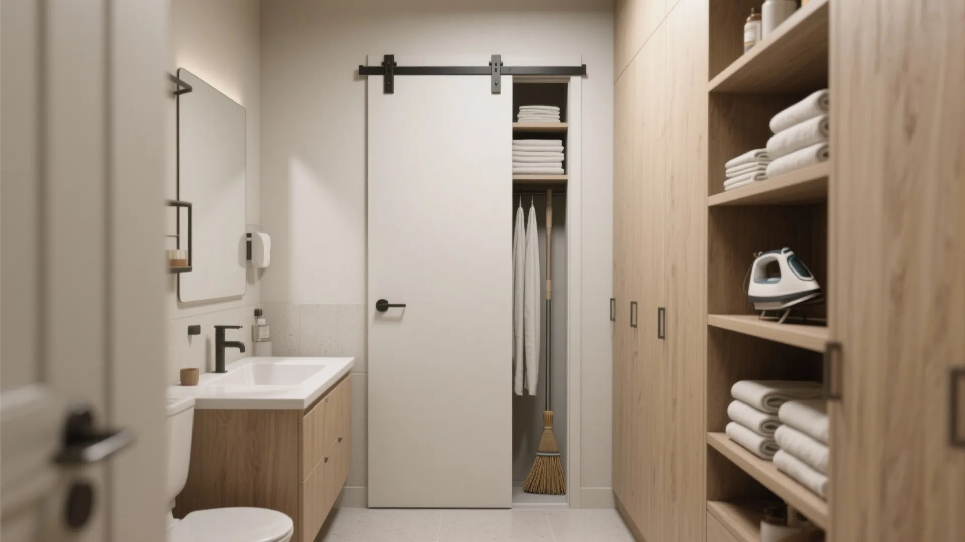 4. Pocket door and vertical storage for slim footprints