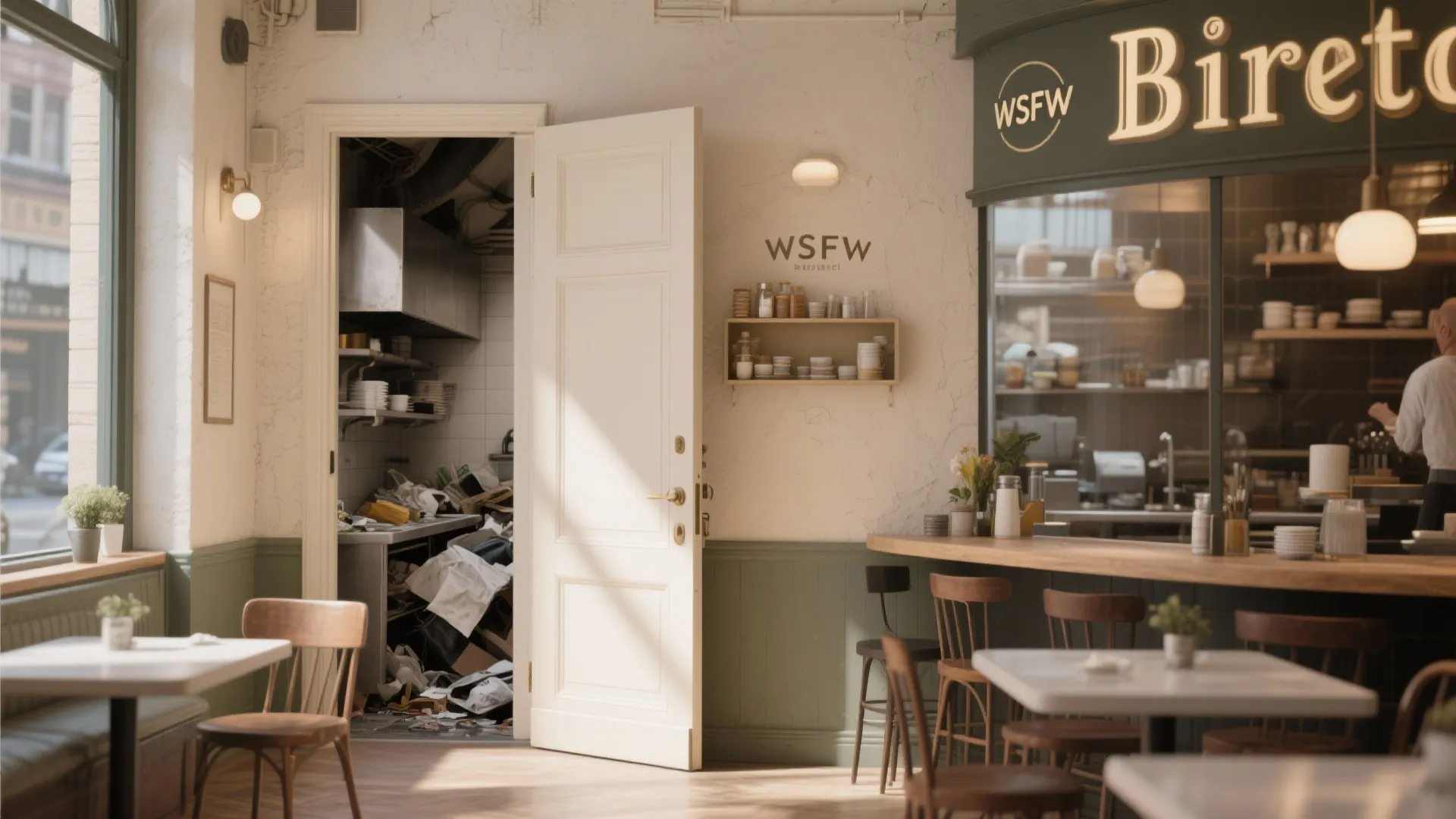Bistro front-of-house with a pocket door recessed into the wall concealing a prep station.