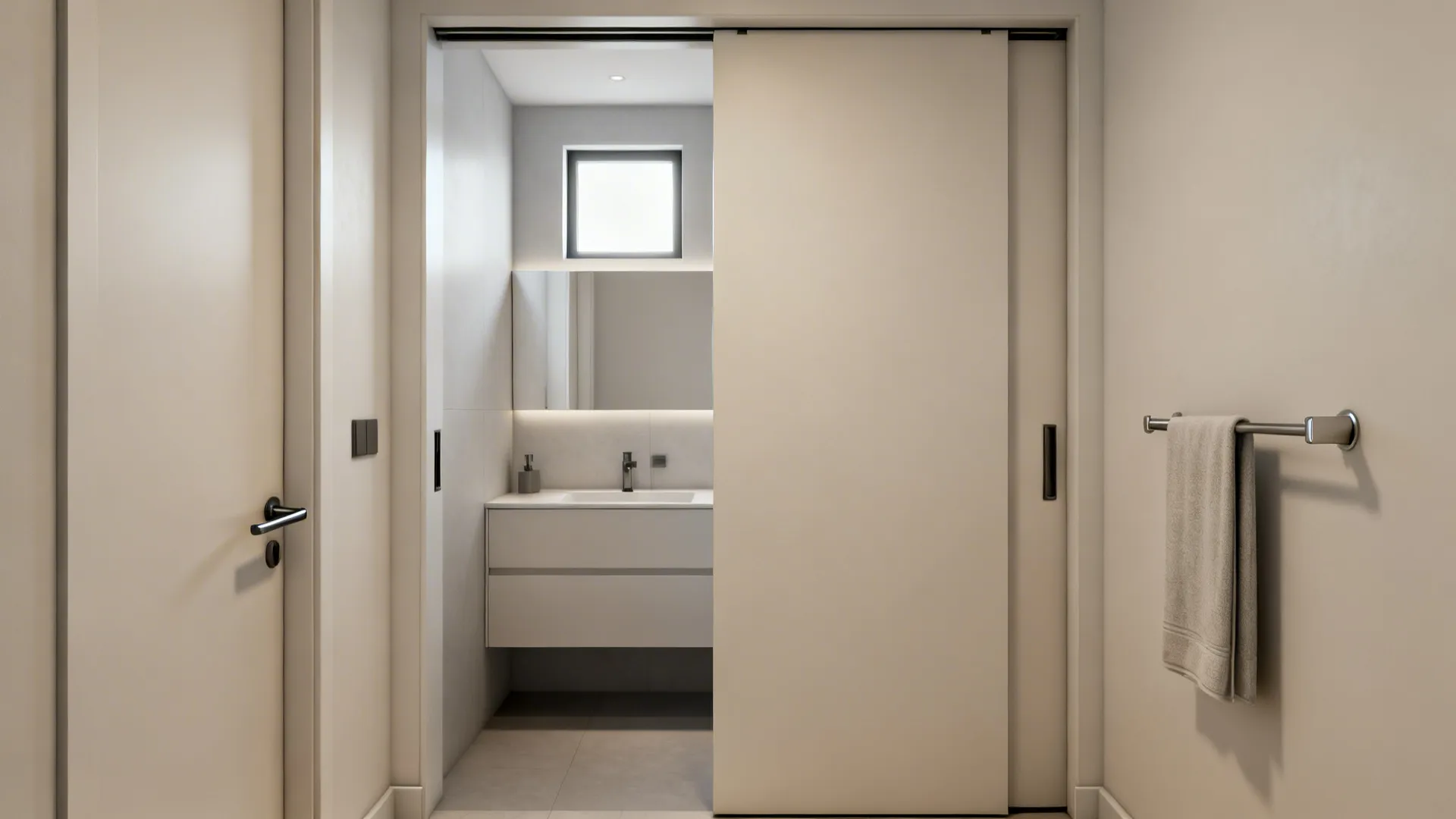 Narrow bathroom with a pocket sliding door opened to increase usable interior space.