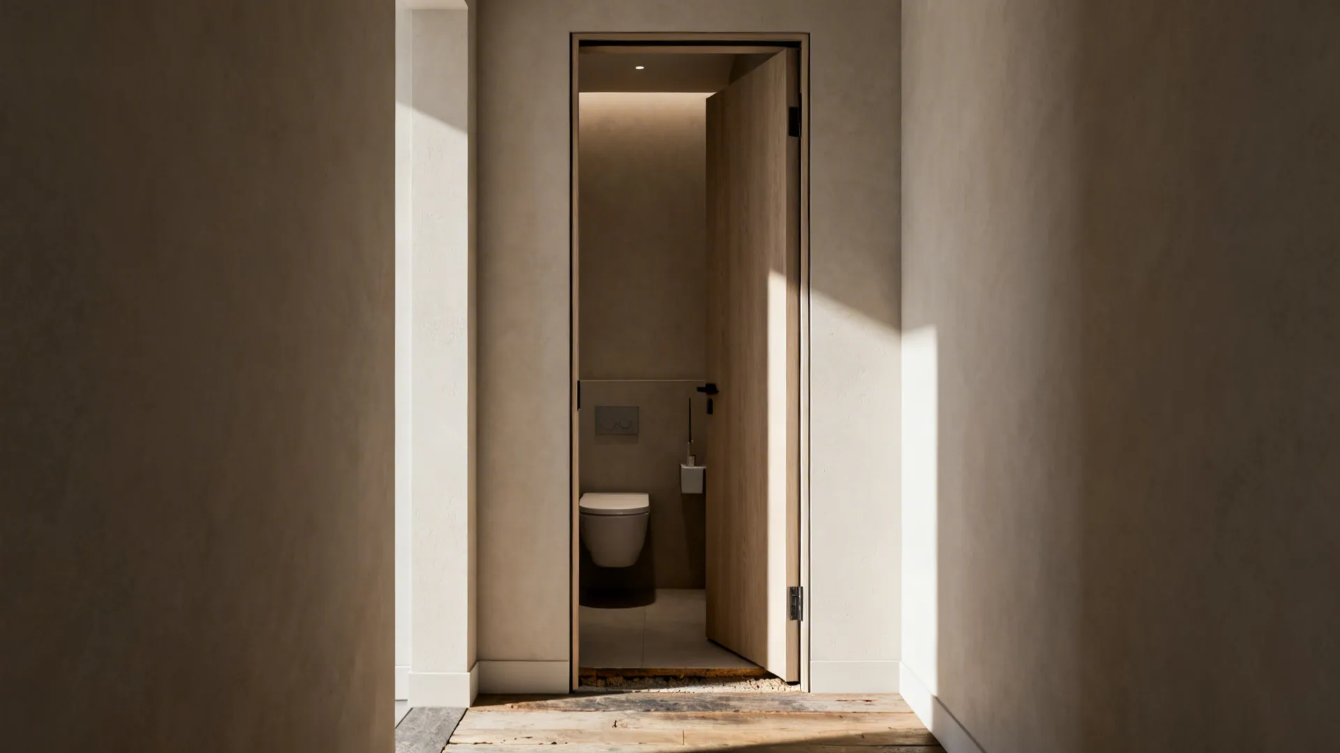 Open pocket door reclaiming floor space in a small mobile home bathroom