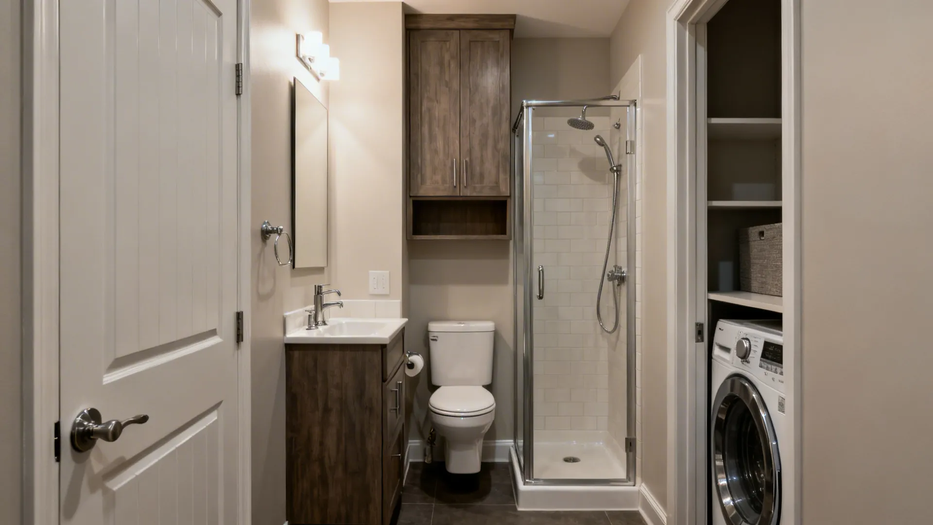 Small bathroom with pocket door, stacked storage, wall-hung toilet and compact shower maximizing corridor space