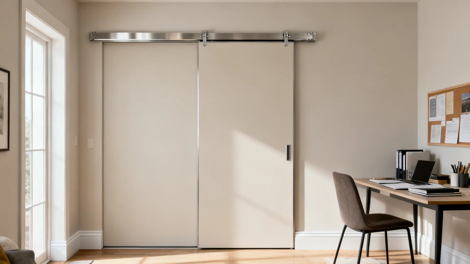 Pocket sliding door with acoustic core and seals creates a private dining workspace.