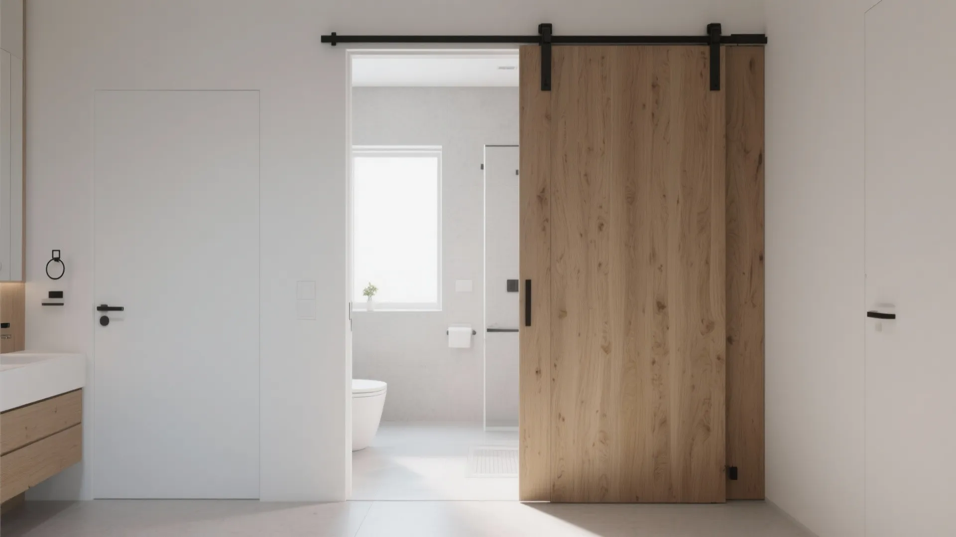 Modern bathroom view through an open wooden sliding door with white walls and a toilet