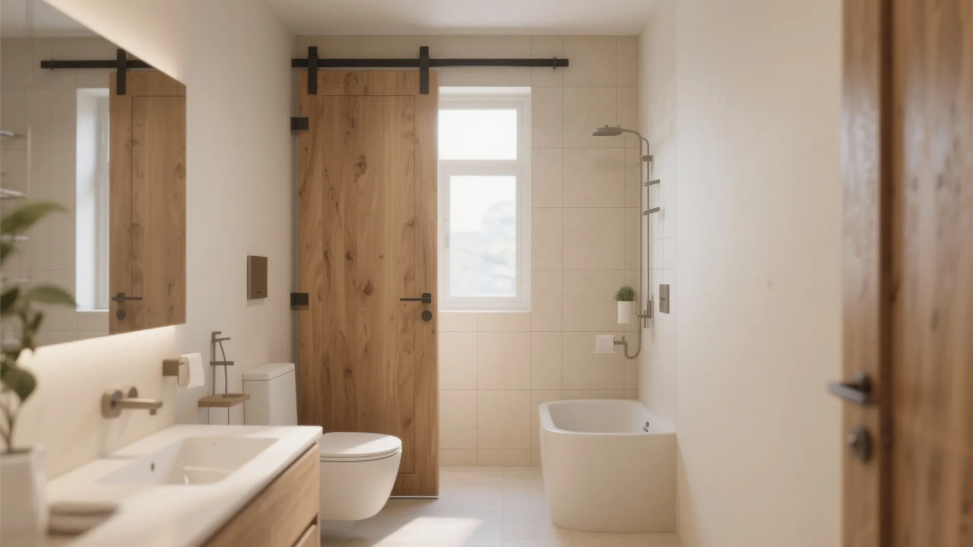 Modern bathroom interior featuring wooden sliding door white bathtub toilet sink and bright natural window light