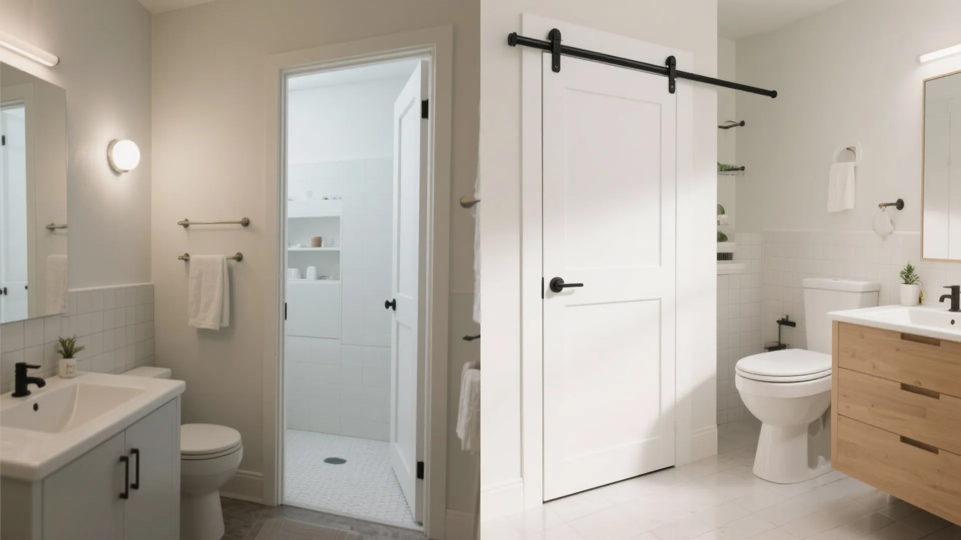 Modern bathroom with a white sliding barn door next to a wooden cabinet and toilet