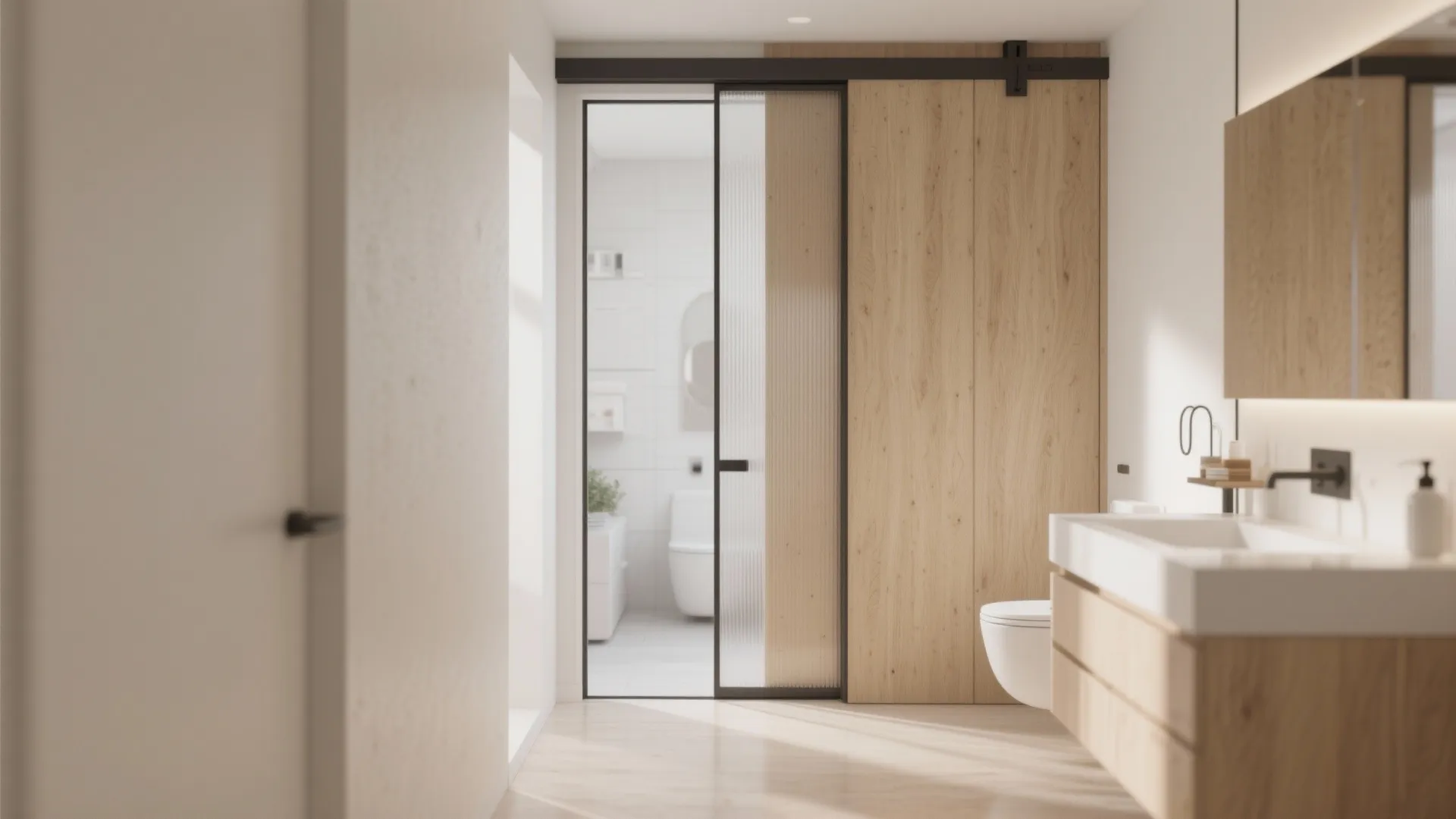 Interior design drawing showing sliding wood door leading to a white bathroom with vanity unit