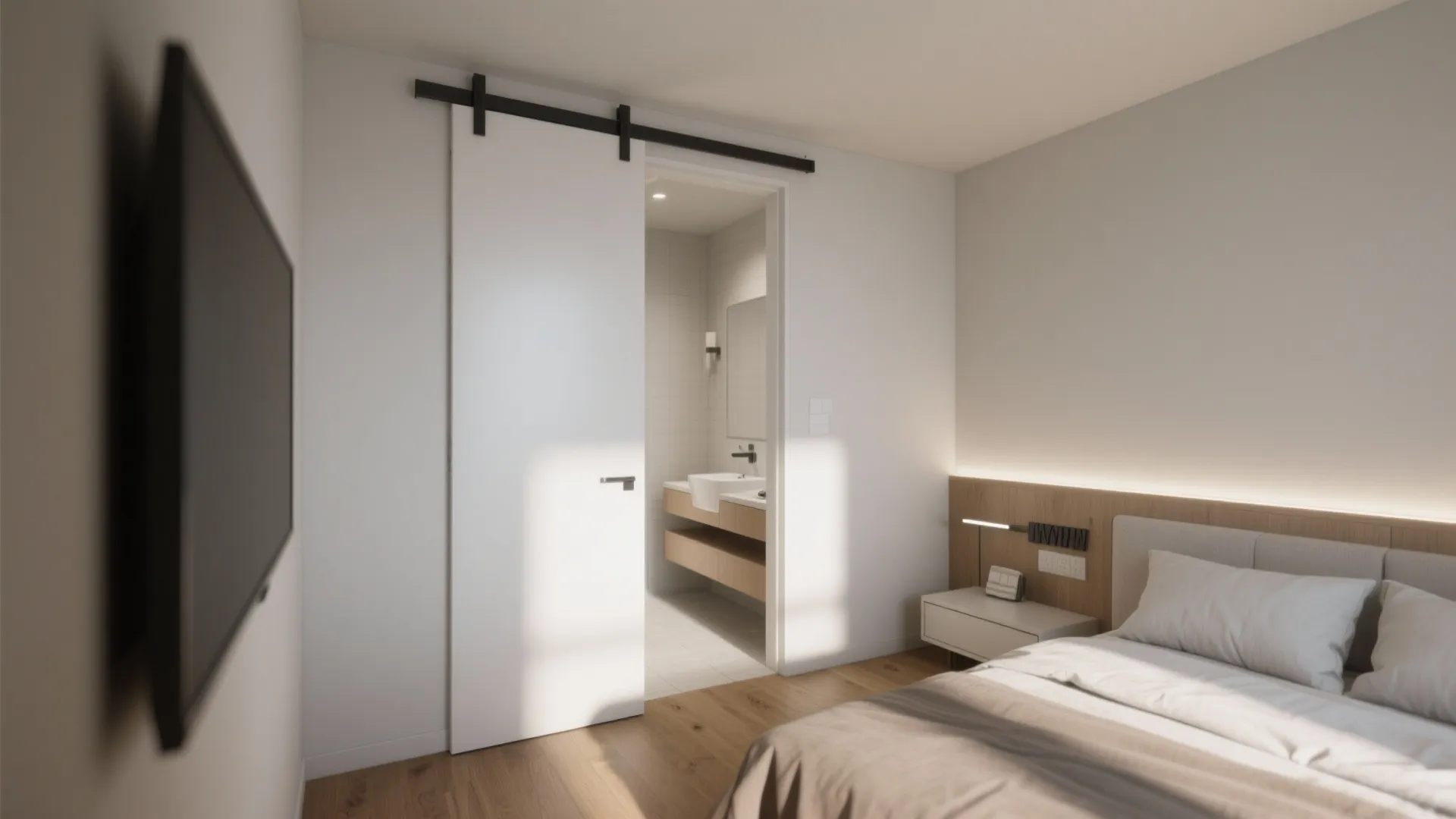 Bedroom with sliding white door leading to a bathroom featuring a modern cabinet and sink