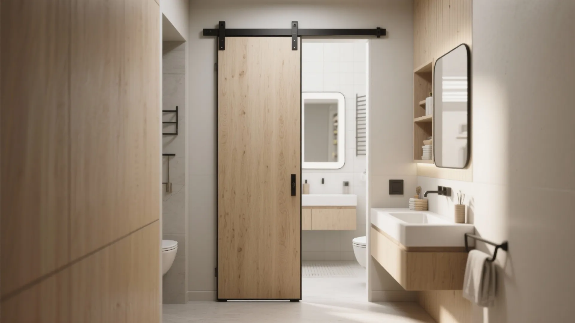 Wooden sliding door opening into a bright bathroom with white sink and wood wall panel