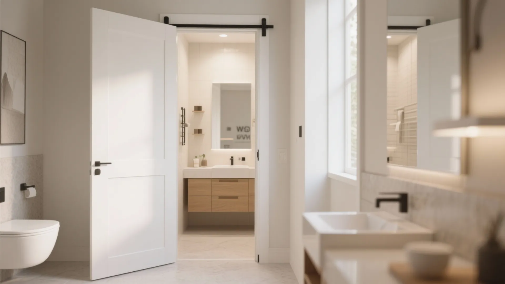 Bright bathroom with white sliding door leading to a wooden vanity with sink and mirror
