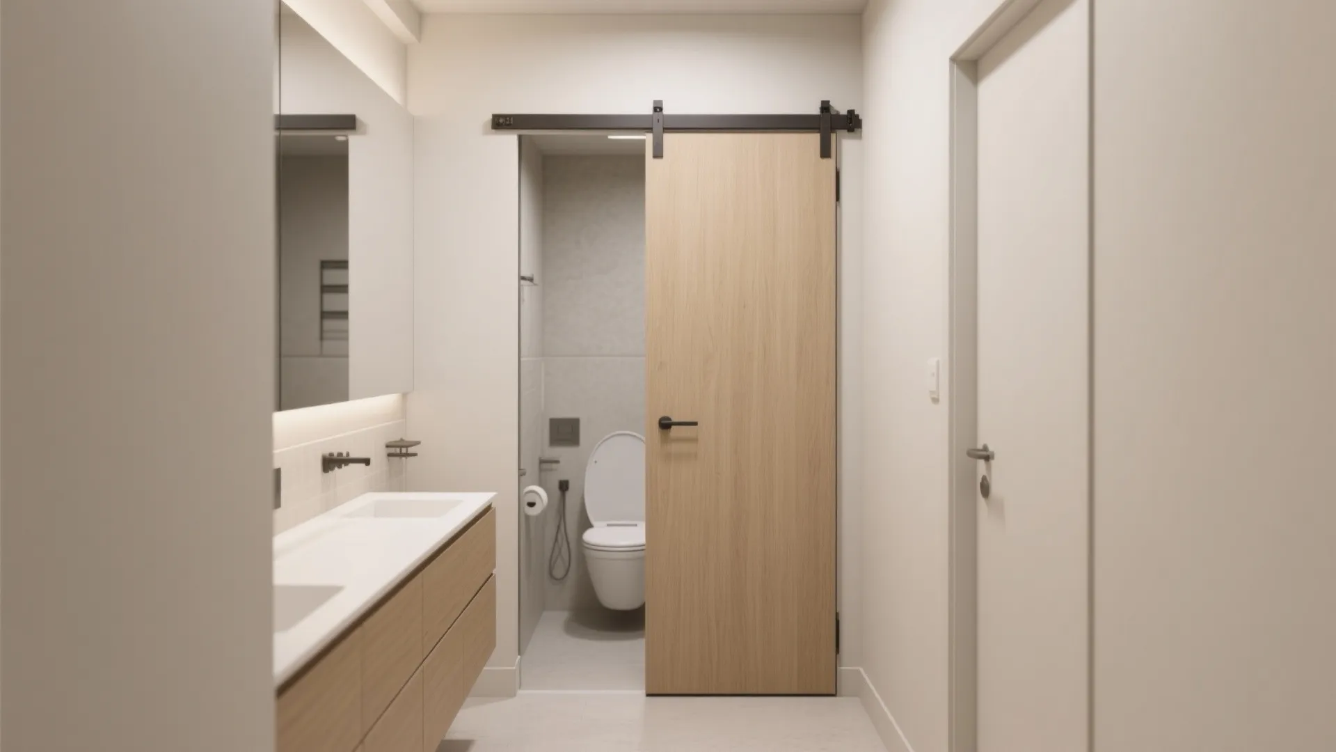 Pocket door creates a separate toilet room while saving floor swing space.