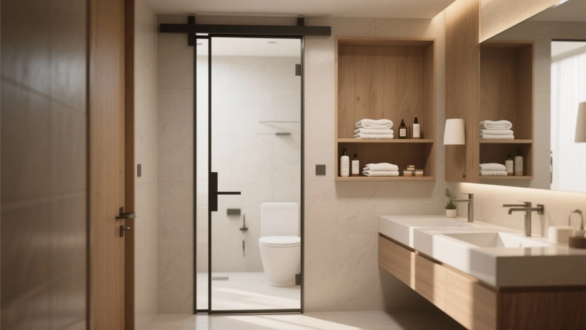 2. Pocket Door with Built-in Shelf for Bathrooms