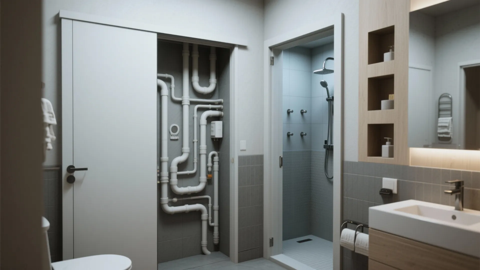 4. Bathroom-Efficient Core with Pocket Doors