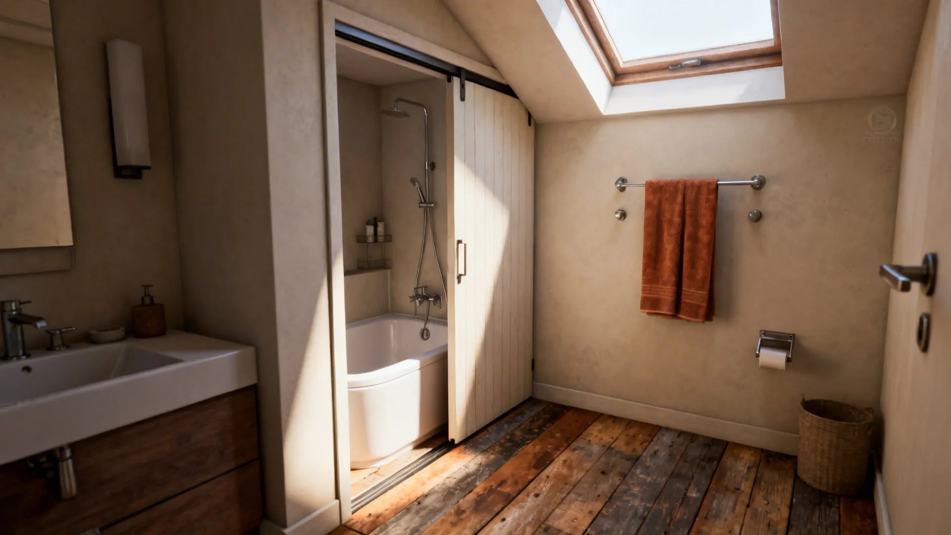 Small bathroom with a pocket door opened to show extra clearance and a tub-shower layout.