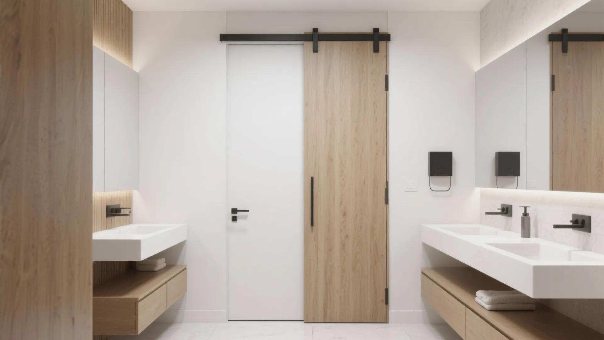 Modern bathroom with wooden sliding door white walls double sinks mirrors and clean white floor tiles
